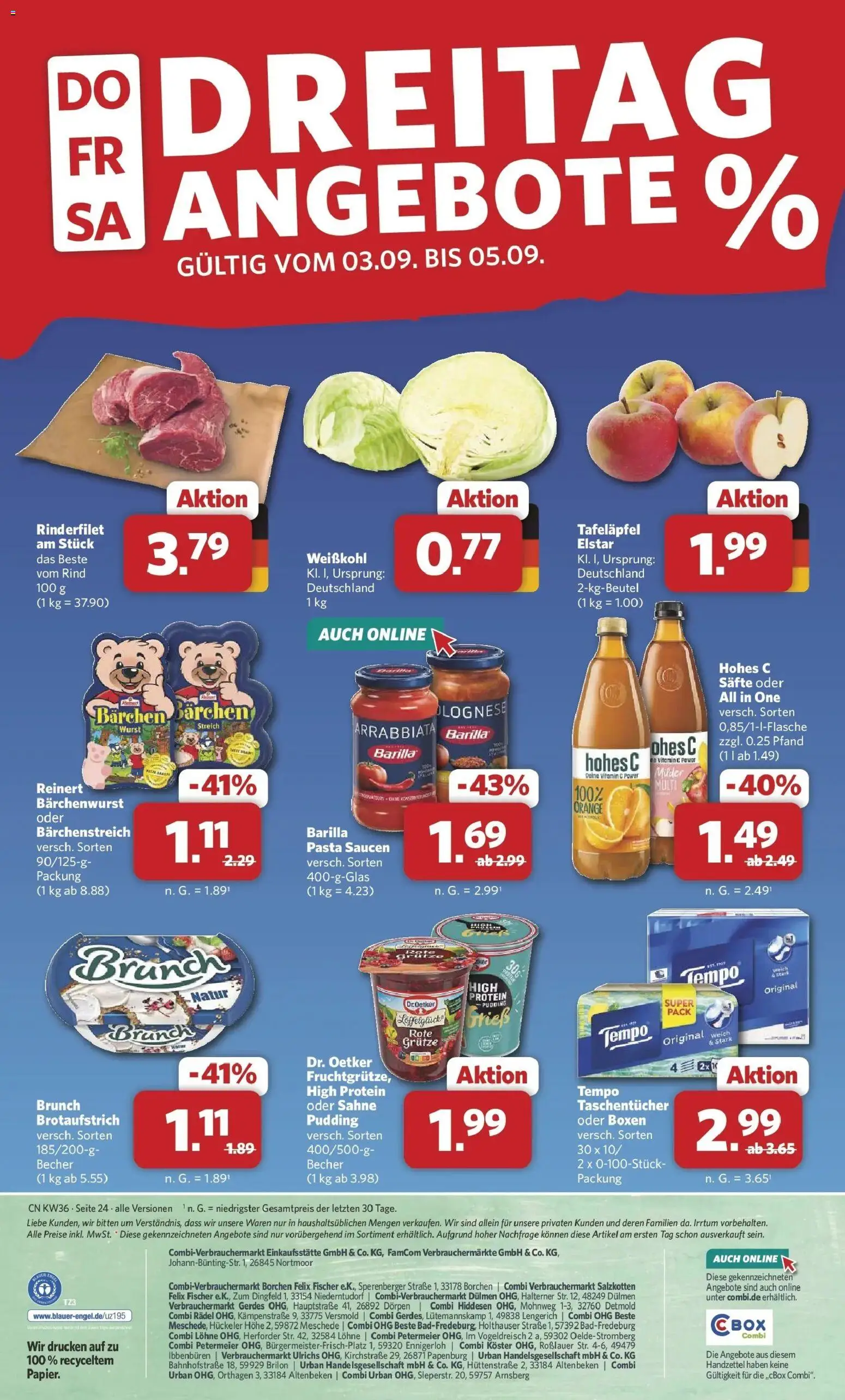 Combi Prospekt Weener (ab 31.08.2026) zum Blättern | Seite: 26 | Produkte: Taschentücher, Rinderfilet, Wurst, Sahne