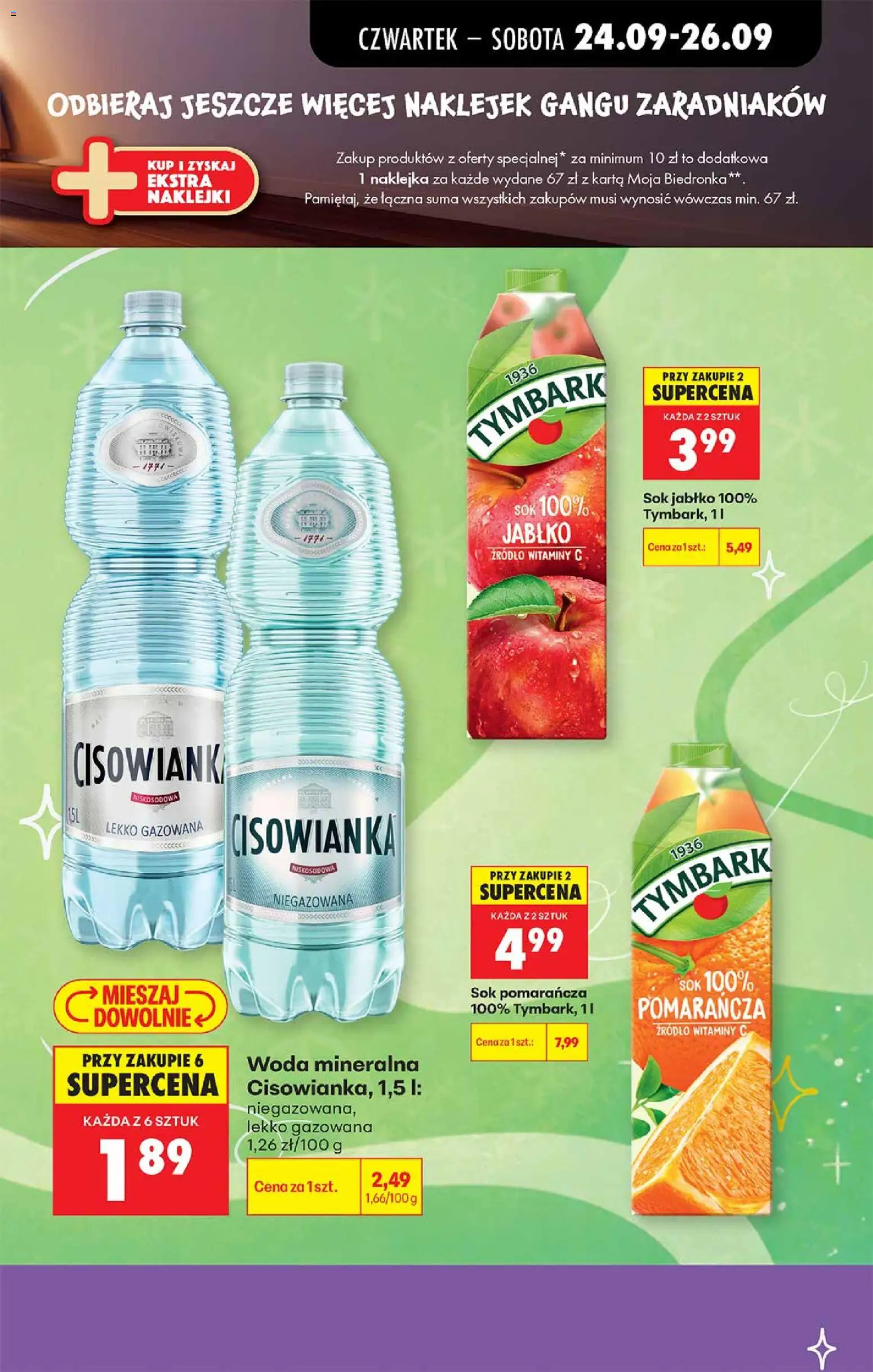 Biedronka gazetka - Gang zaradniaków od 24.09.2026 | Strona: 5 | Produkty: Cisowianka, Tymbark, Naklejki, Woda