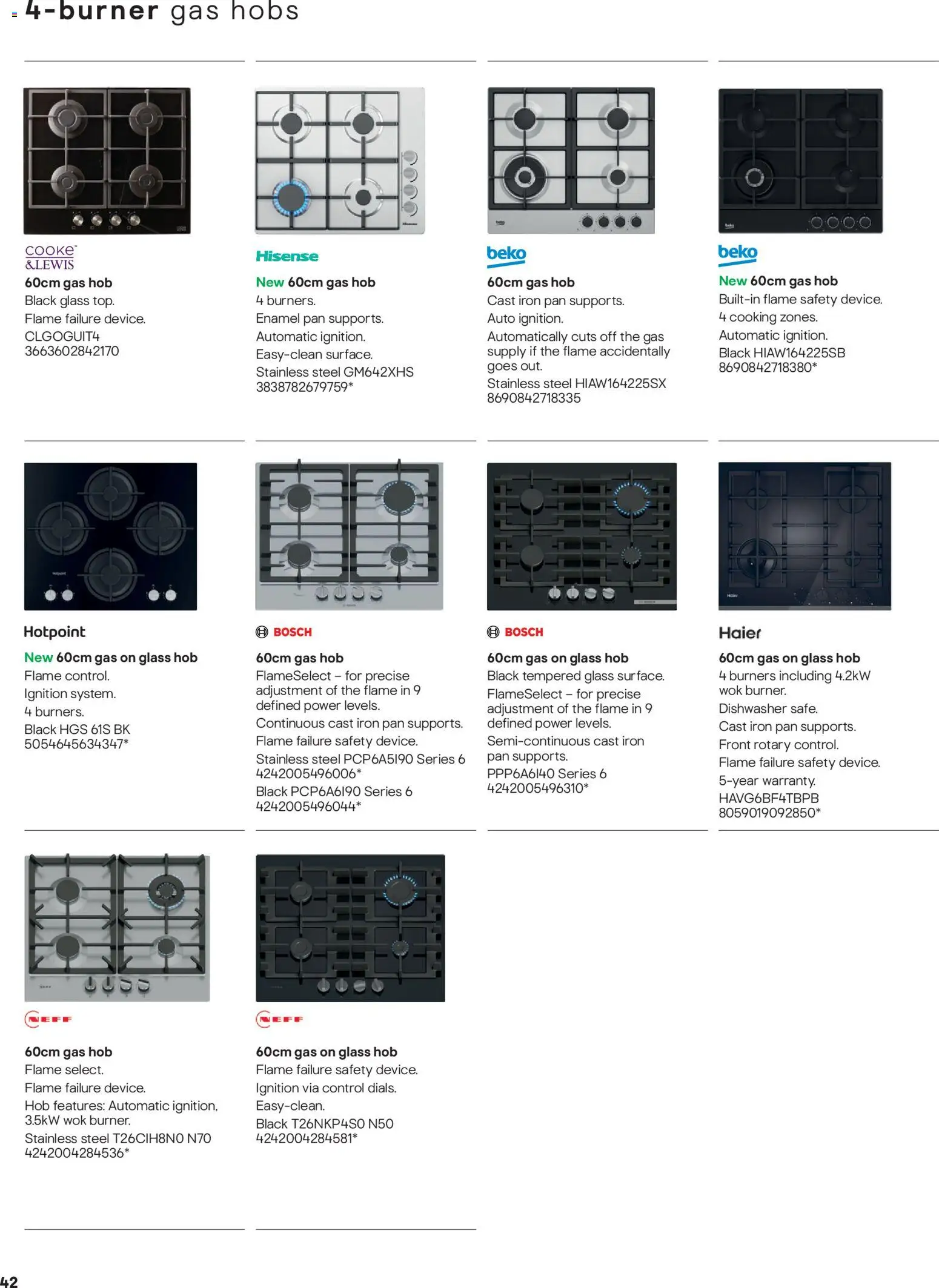 {H1} | Page: 42 | Products: Gas hobs, Hob, Dishwasher, Iron