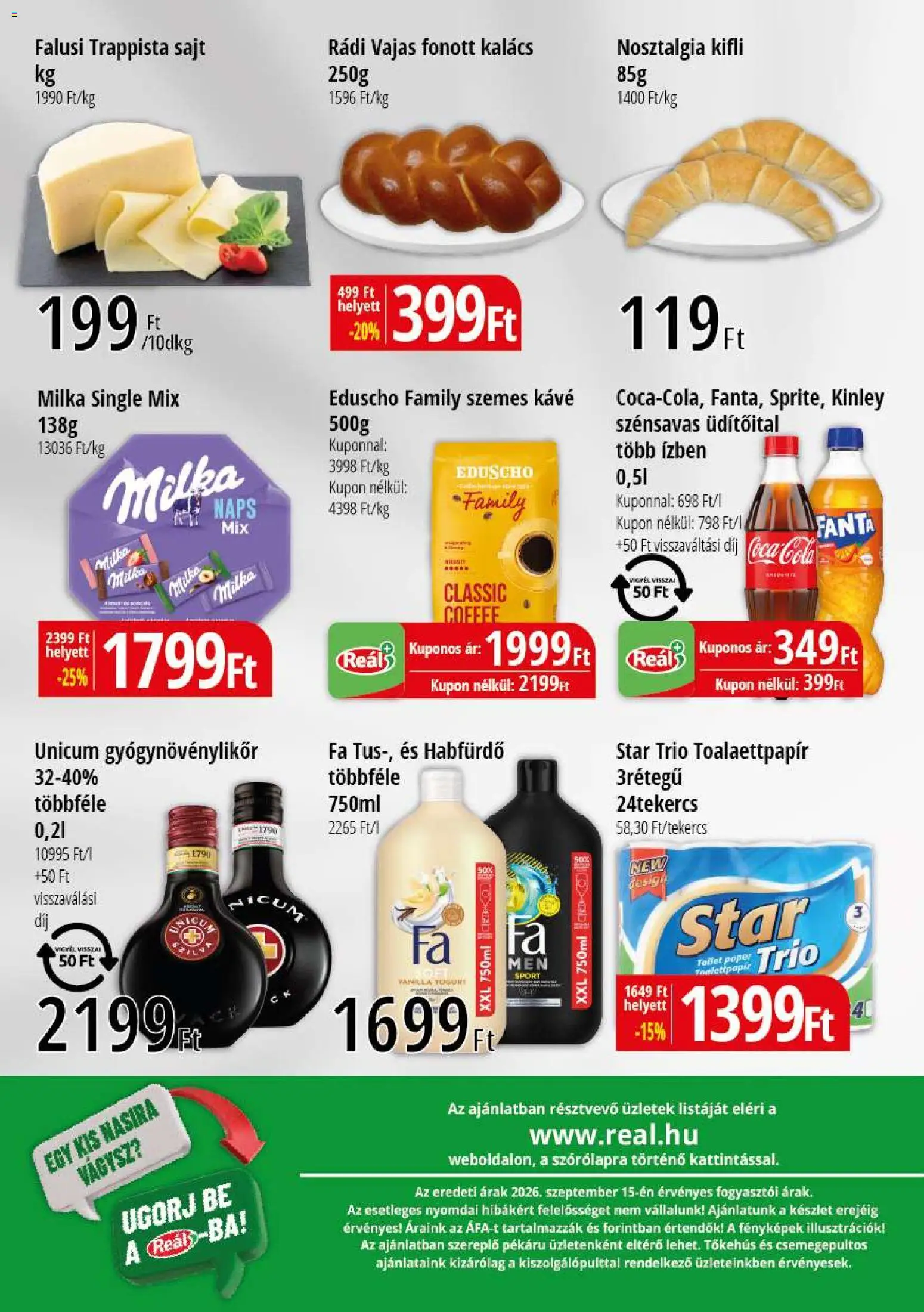 Reál akciós ujság - amely érvényes a következő dátumtól: 2026.09.23. | Oldal: 2 | Termékek: Unicum, Kifli, Coca Cola, Gyógynövénylikőr