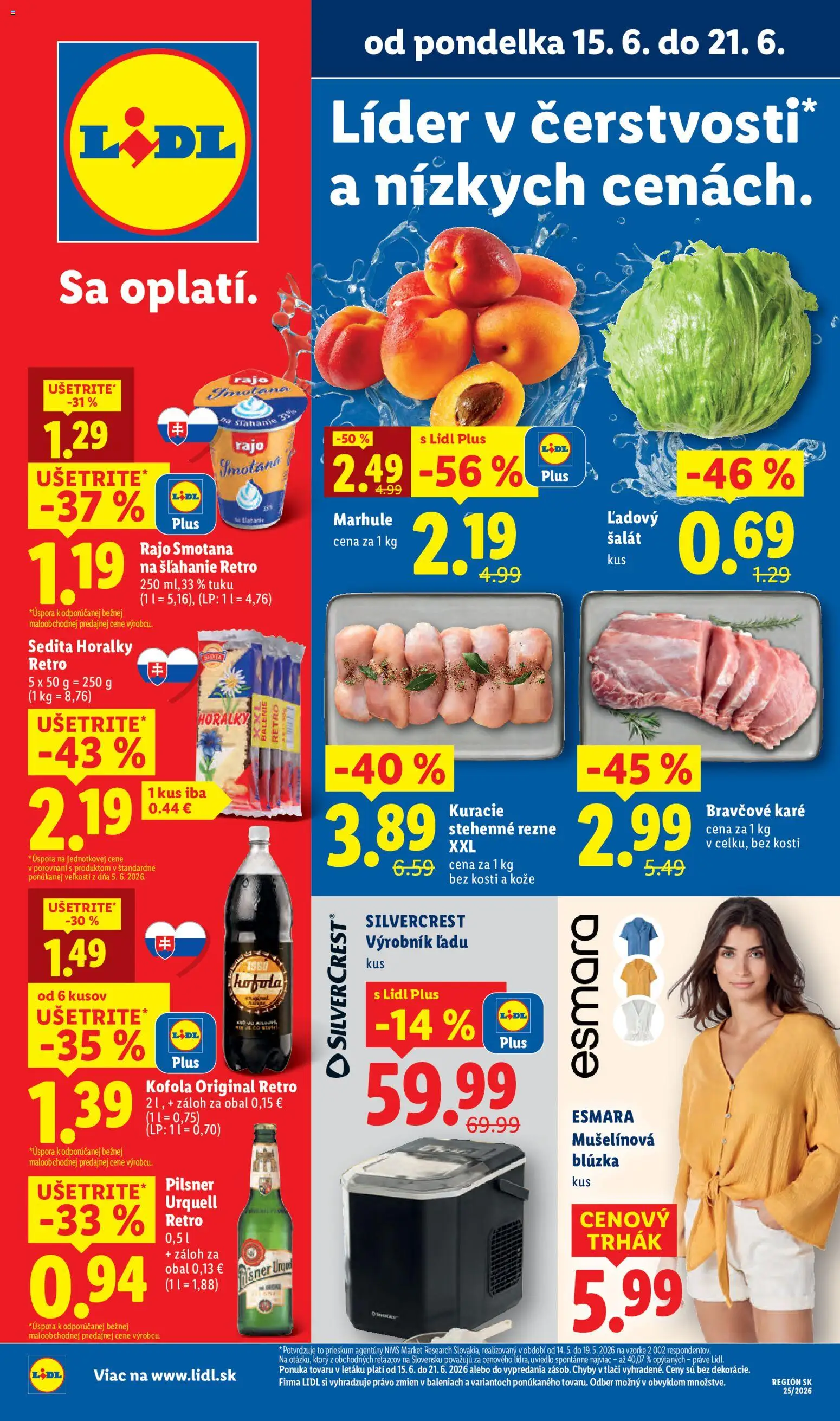 Nové Lidl akcie – leták je platný od 15.06.2026 | Strana: 1 | Produkty: Blúzka, Šalát, Cola, Marhule
