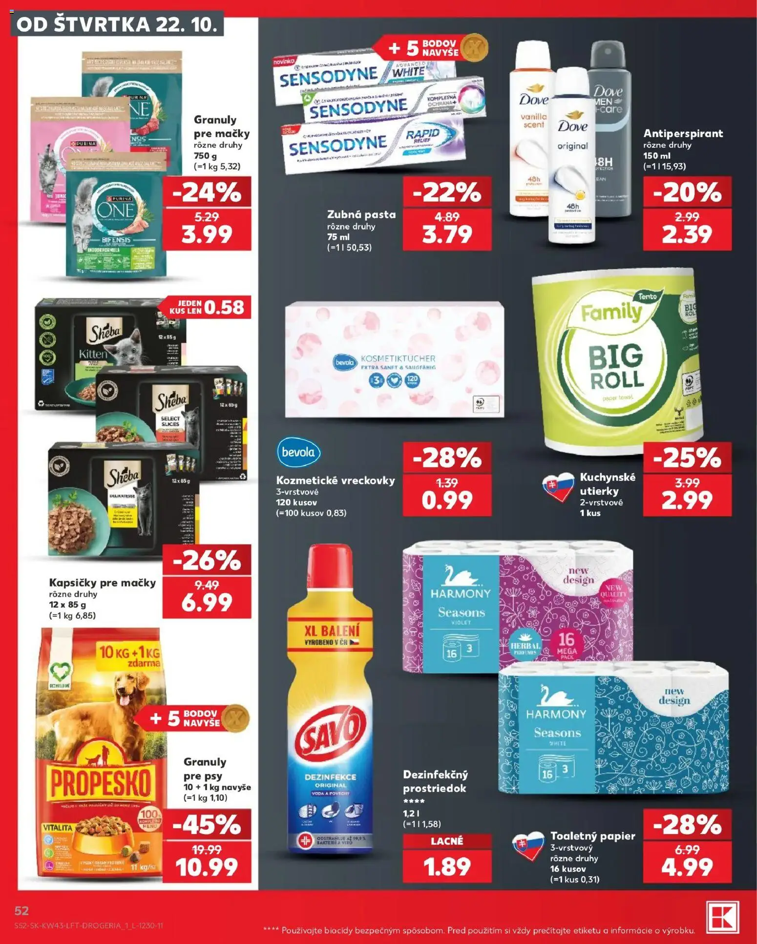 Nové Kaufland akcie – leták je platný od 22.10.2026 | Strana: 52 | Produkty: Antiperspirant, Zubná pasta, Kapsičky pre mačky, Voda