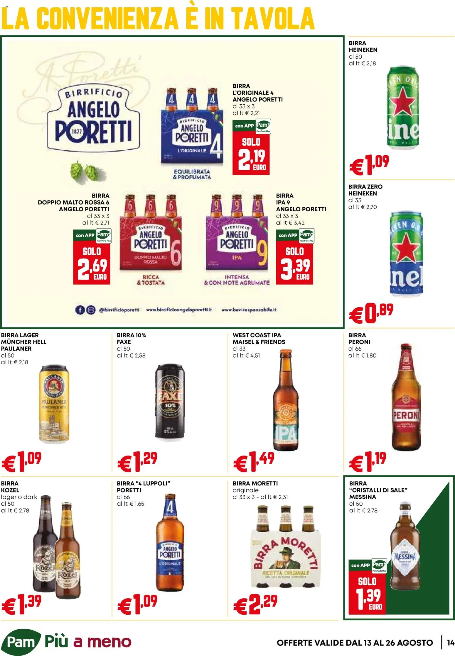 Volantino PAM del 13/08/2026 | Pagina: 14 | Prodotti: Birra Kozel, Birra, Sale, Heineken