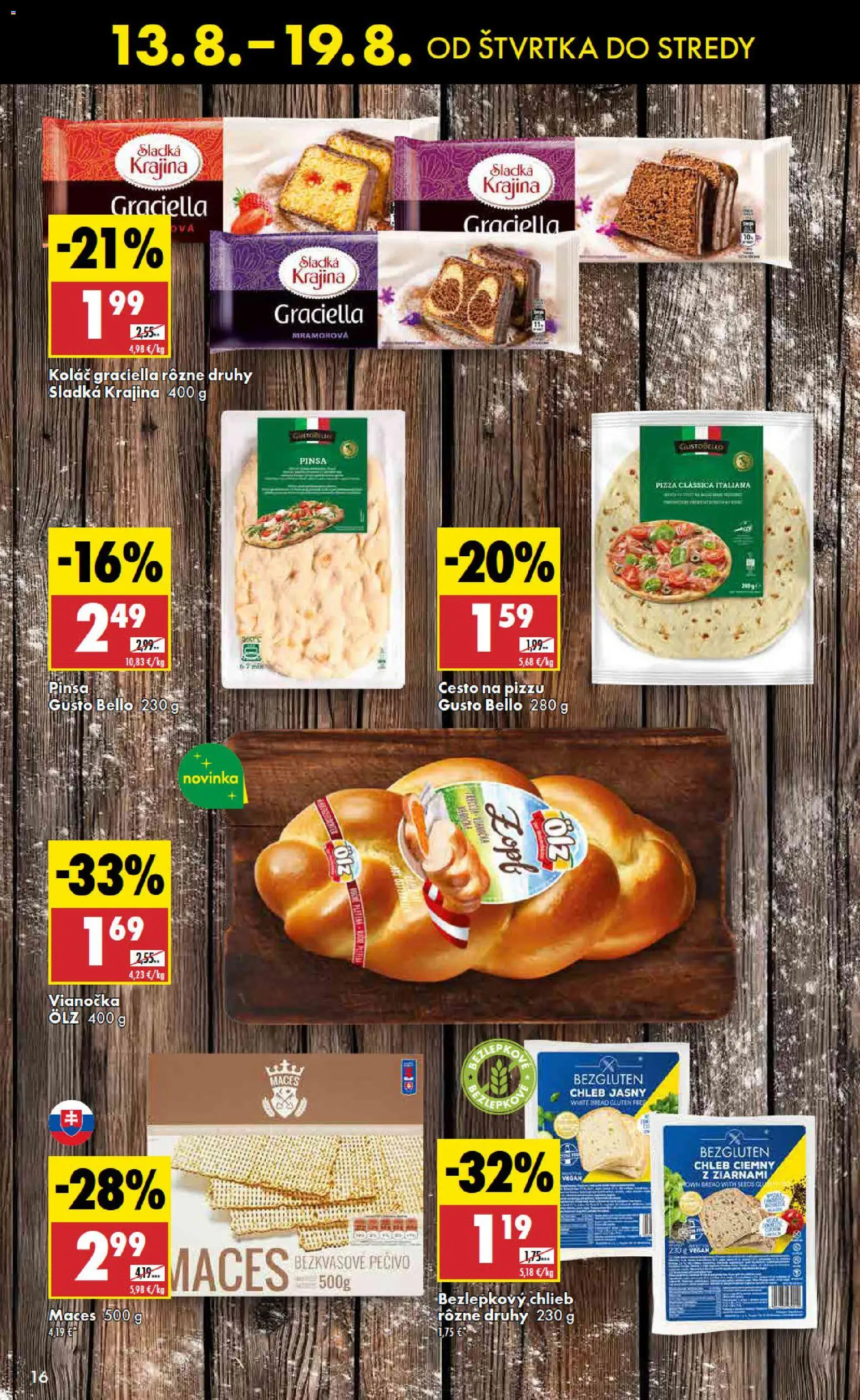 Nové Biedronka akcie – leták je platný od 13.08.2026 | Strana: 16 | Produkty: Chlieb, Pizza, Vianočka, Pečivo