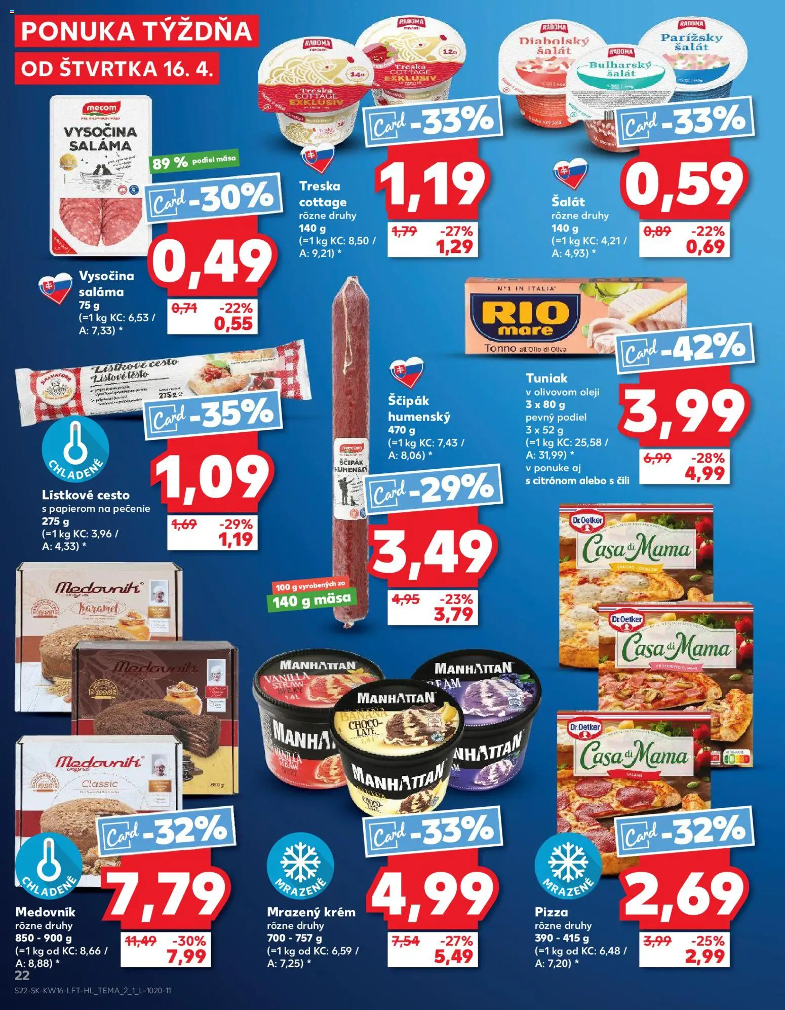 Nové Kaufland akcie – leták je platný od 16.04.2026 | Strana: 22 | Produkty: Tuniak, Pizza, Rio Mare, Šalát