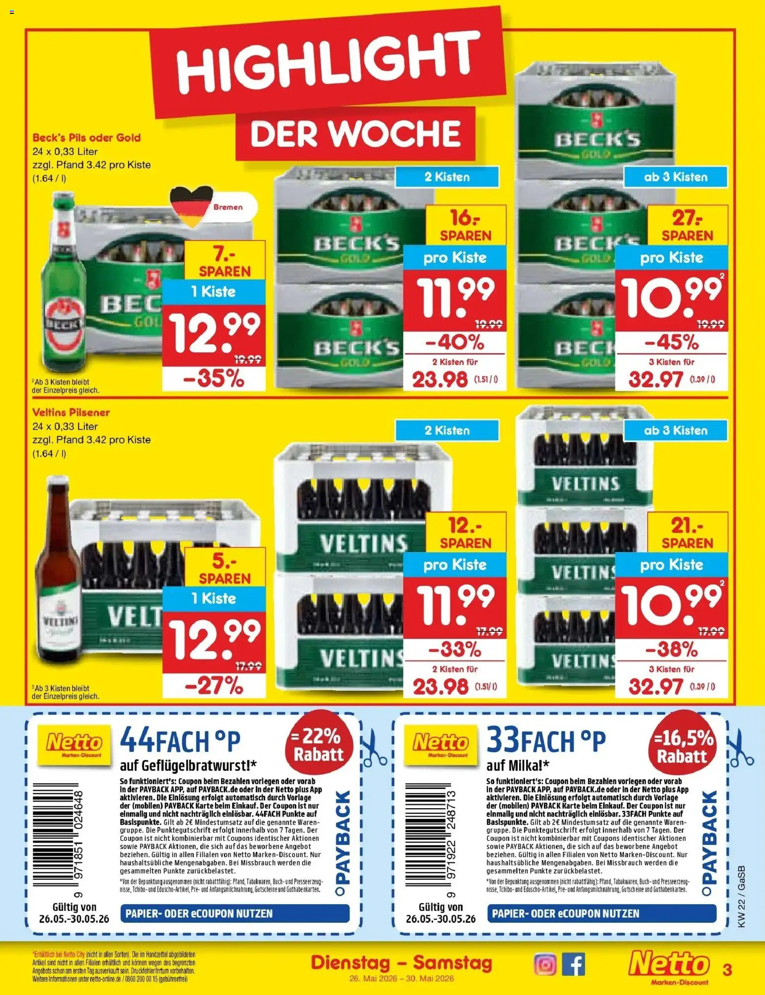 Netto Marken-Discount Prospekt Bremen-Lesum – gültig ab 26.05.2026 | Seite: 3 | Produkte: Pils, Milka, Veltins