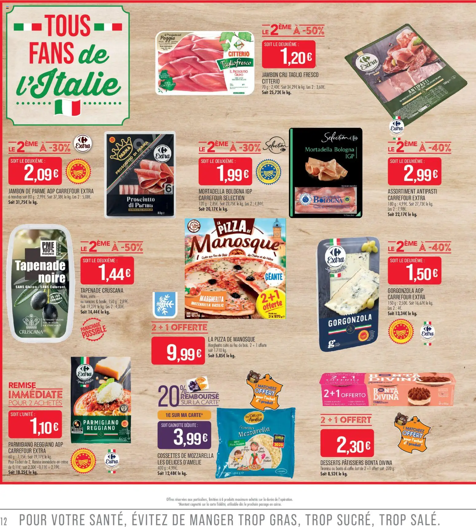 {H1} | Page: 12 | Produits: Jambon Cru, Tiramisu, Mozzarella, Tomates