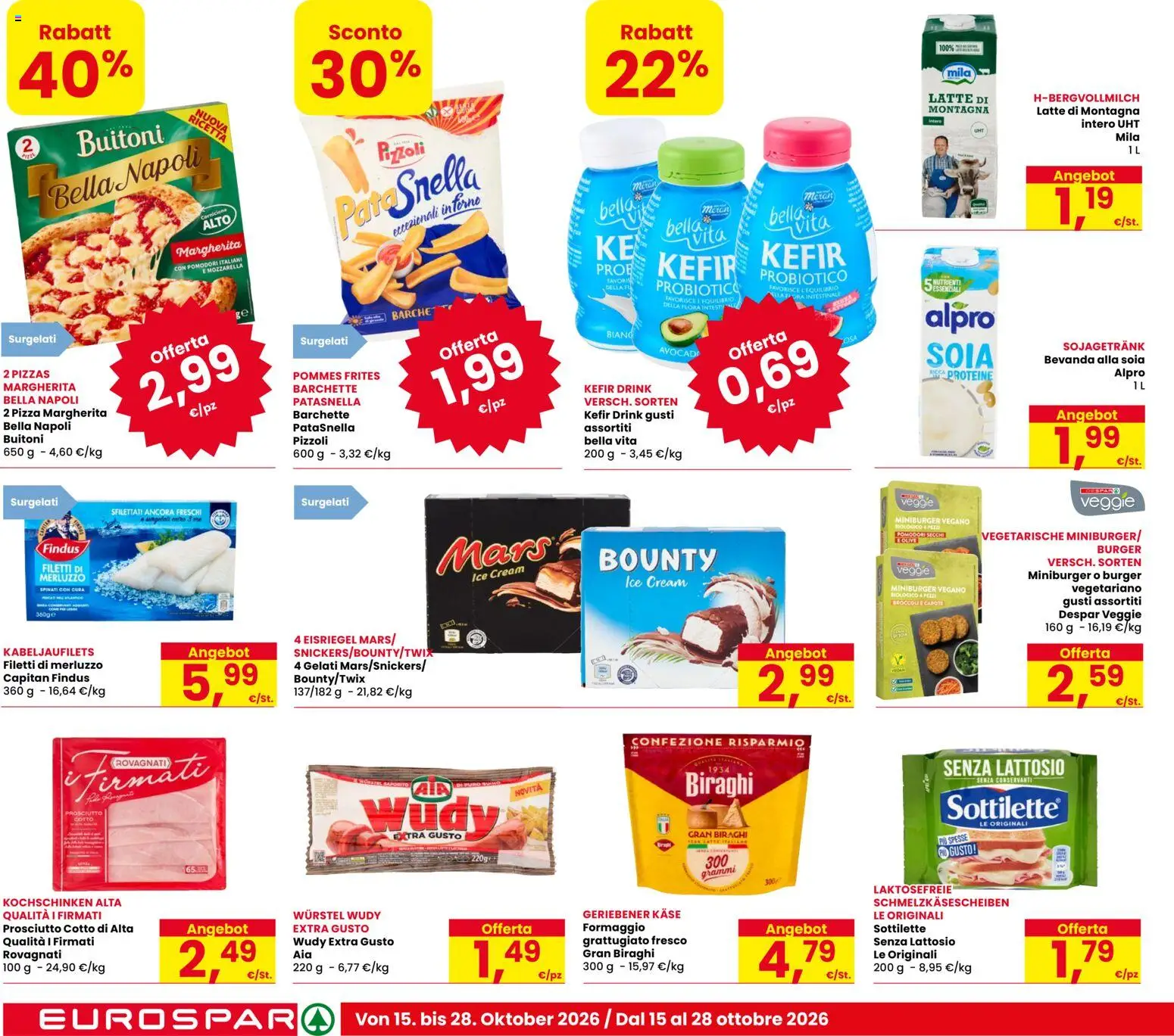 Volantino Eurospar del 15/10/2026 | Pagina: 14 | Prodotti: Pizza, Merluzzo, Formaggio, Wurstel