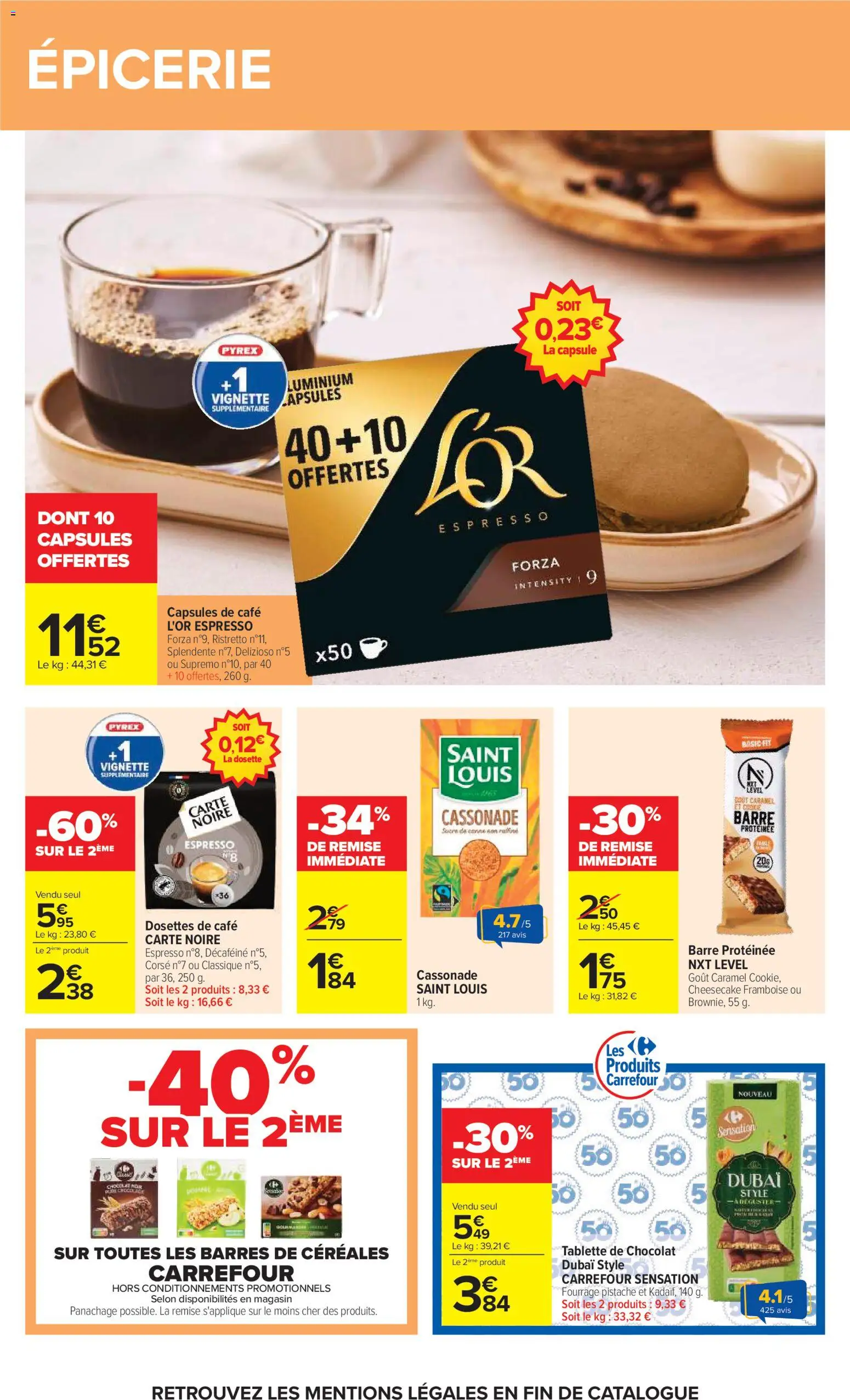 {H1} | Page: 42 | Produits: Barre protéinée, Café Carte Noire, Chocolat, L'or espresso