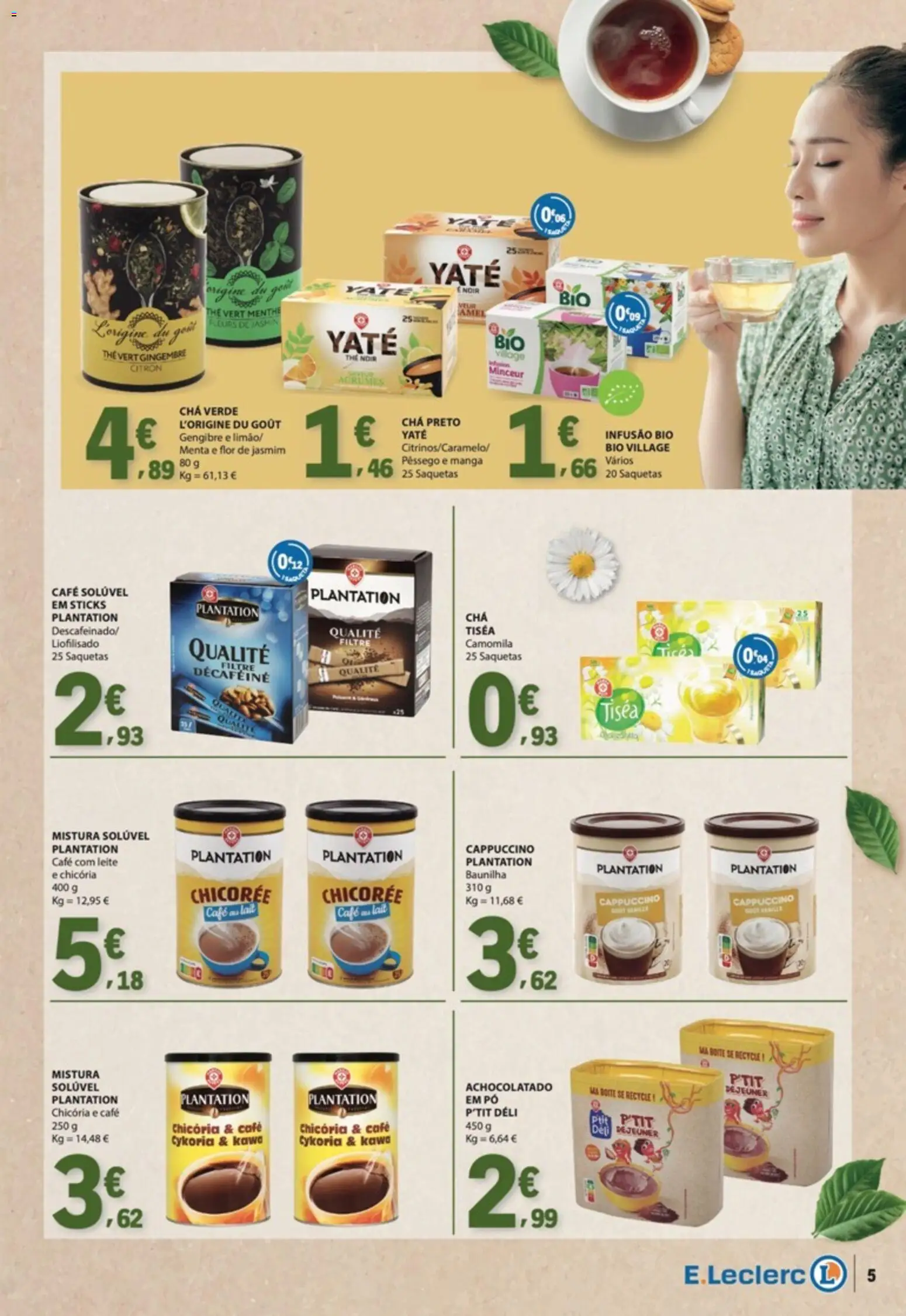 E.Leclerc folheto Bebidas Quentes │ válido de 27/10/2026 | Página: 5 | Produtos: Café solúvel, Gengibre, Cappuccino, Chá preto
