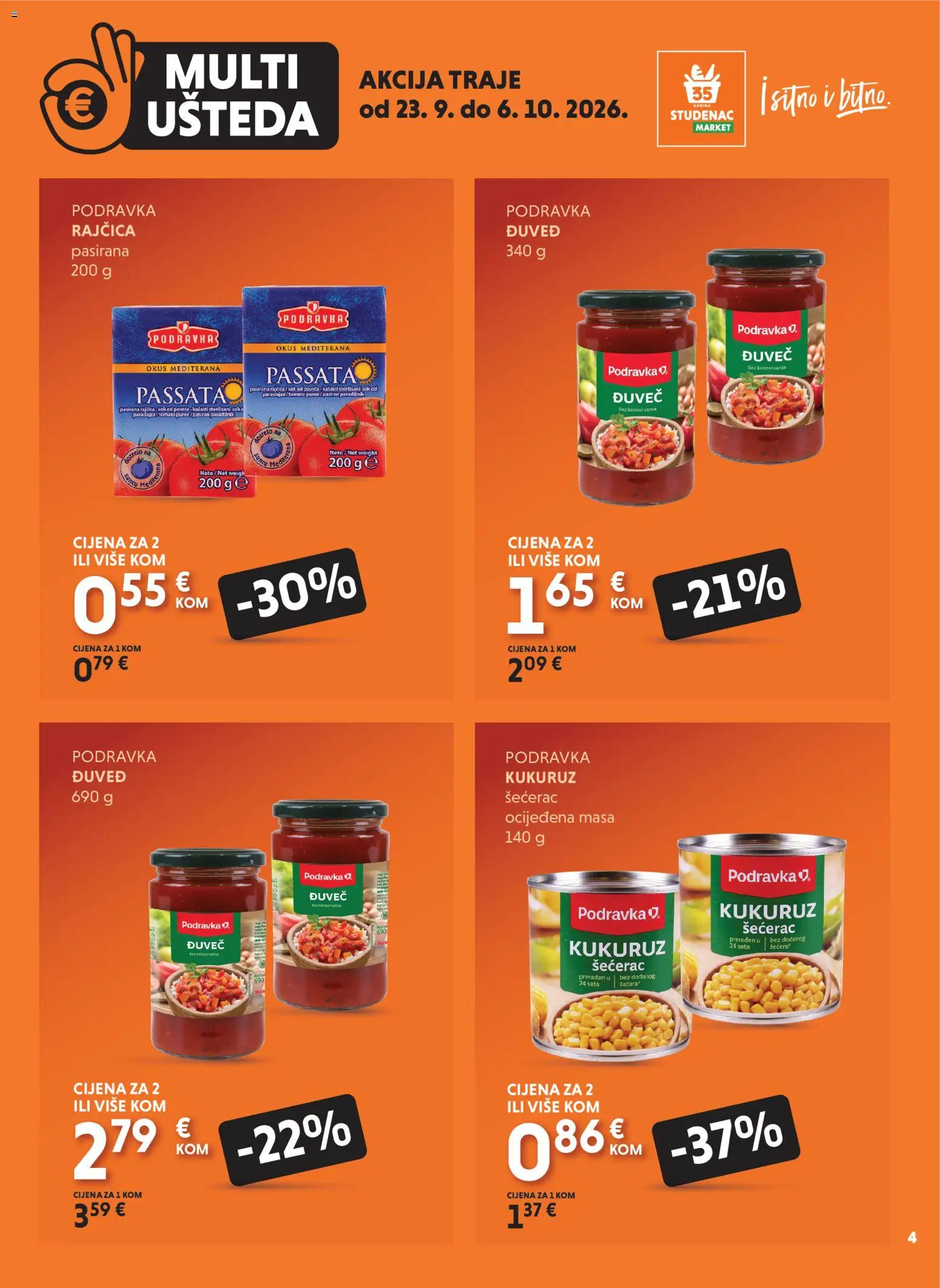 Studenac katalog | vrijedi od 23.09.2026 | Stranica: 4 | Proizvodi: Kukuruz, Sok, Podravka, Rajčica