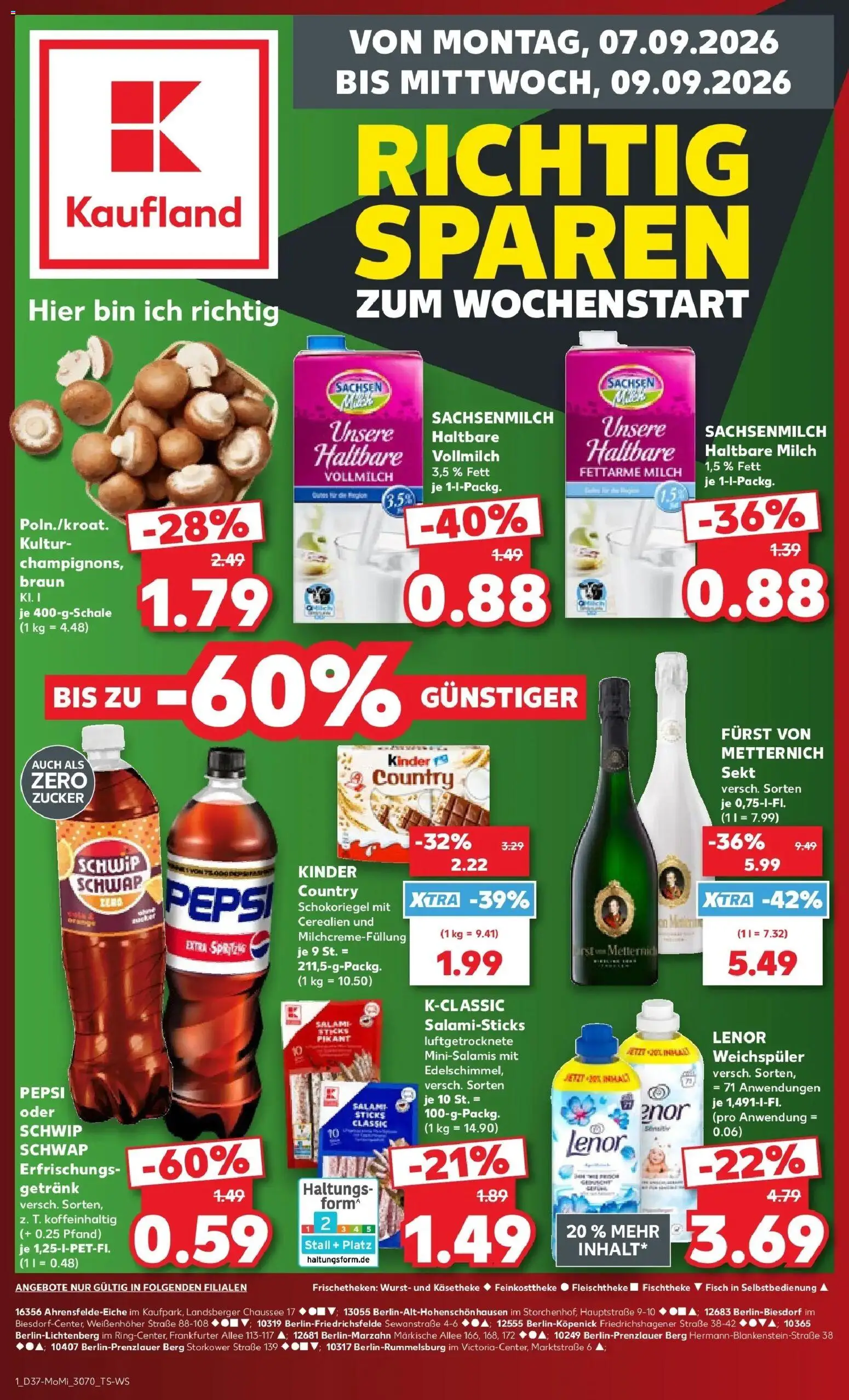 Prospekt Kaufland ab 07.09.2026 » Angebote Online zum Blättern | Seite: 1 | Produkte: Milch 1,5%, Fisch, Zucker, Salami