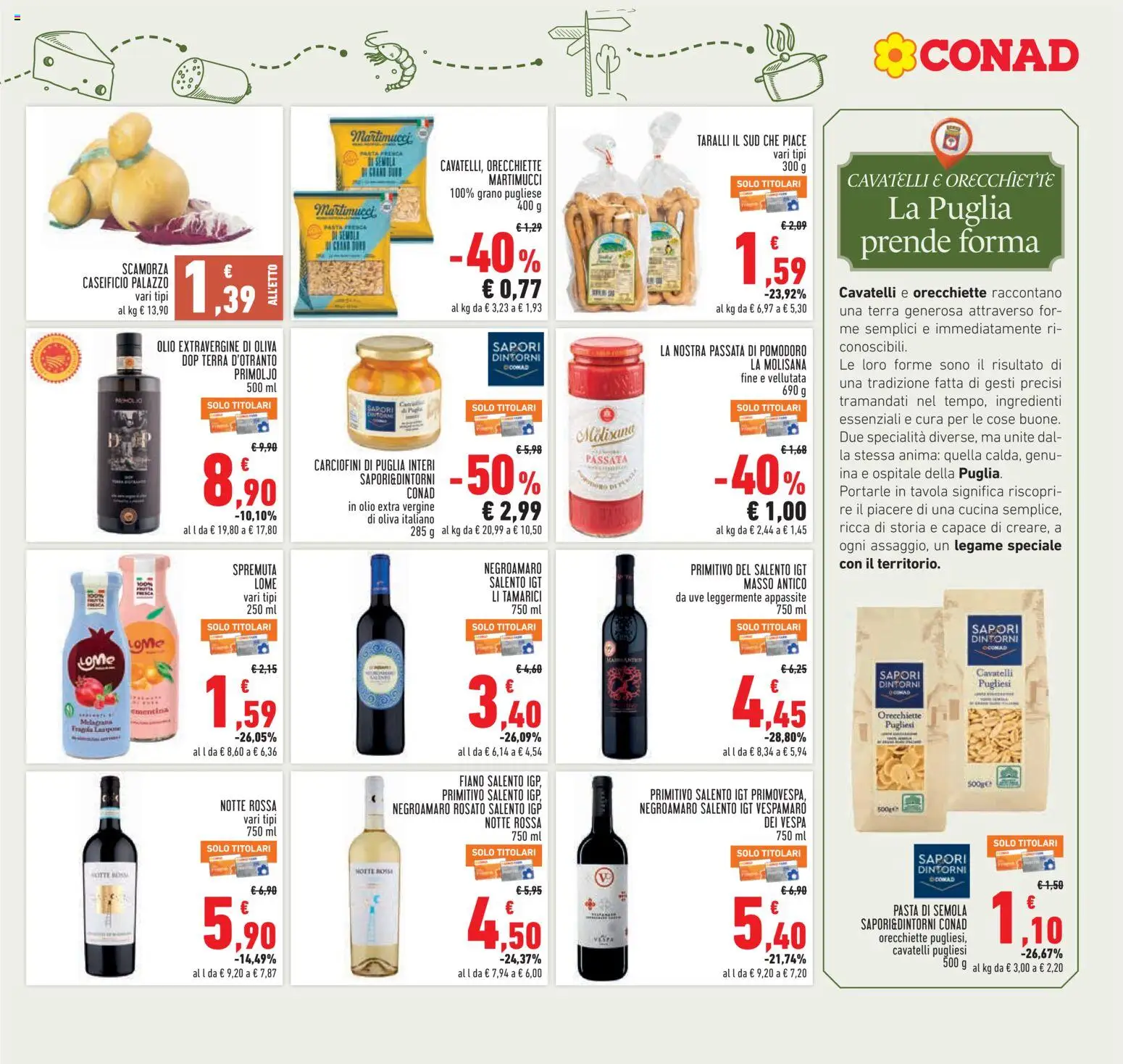 Volantino Conad del 27/08/2026 | Pagina: 13 | Prodotti: Olio extravergine di oliva, Pasta di semola, Passata di pomodoro, Carne