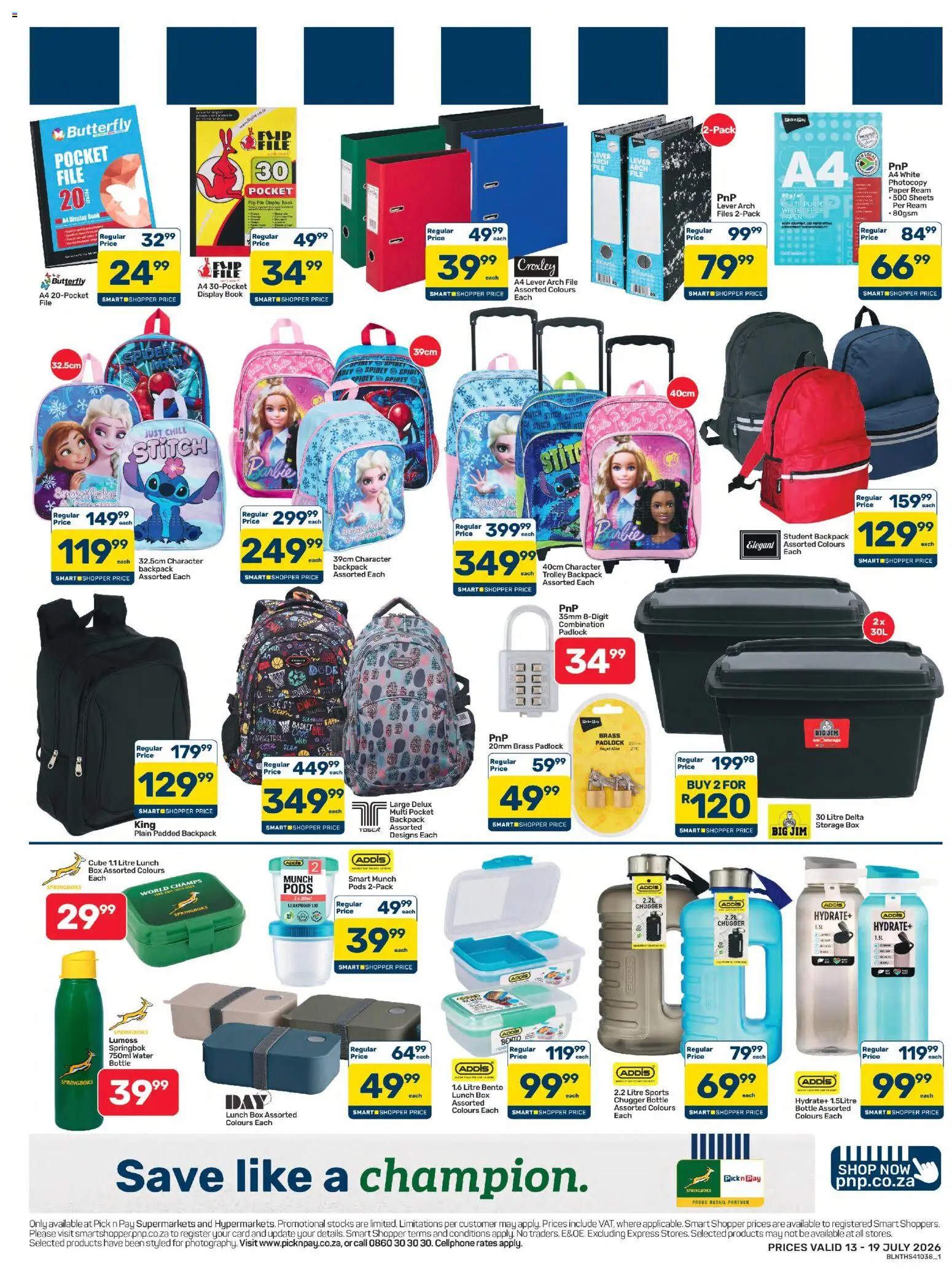 New Pick n Pay catalogue – valid from 13/07/2026 | Page: 2 | Products: Backpack, Arch, Padlock, Water