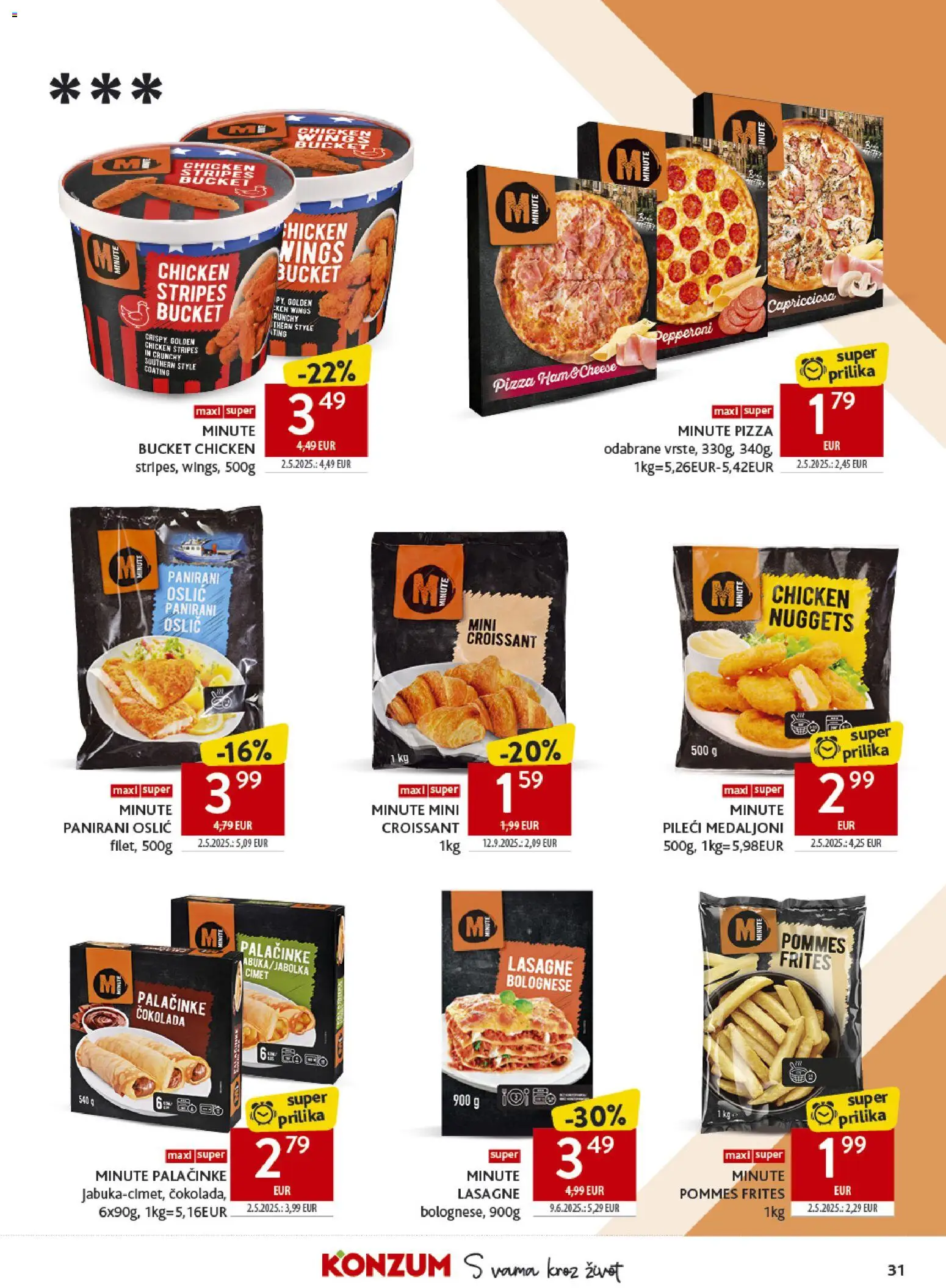 Konzum HR akciós ujság - amely érvényes a következő dátumtól: 2026.09.16. | Oldal: 31 | Termékek: Croissant, Nuggets, Pizza, Lasagne