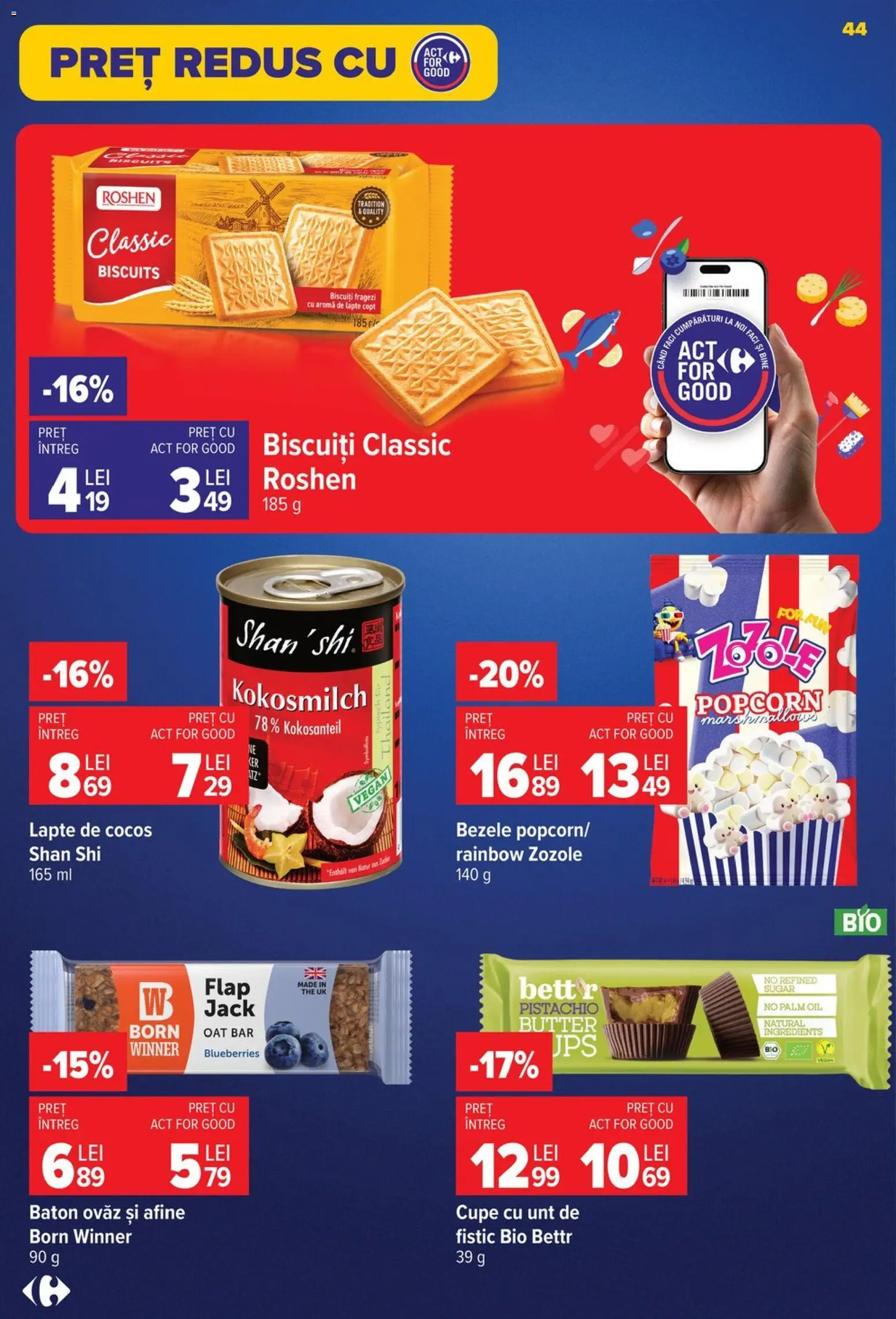 Noul catalog Carrefour – valabil de la 19.08.2026 | Pagină: 44 | Produse: Afine, Lapte de cocos, Unt, Biscuiți