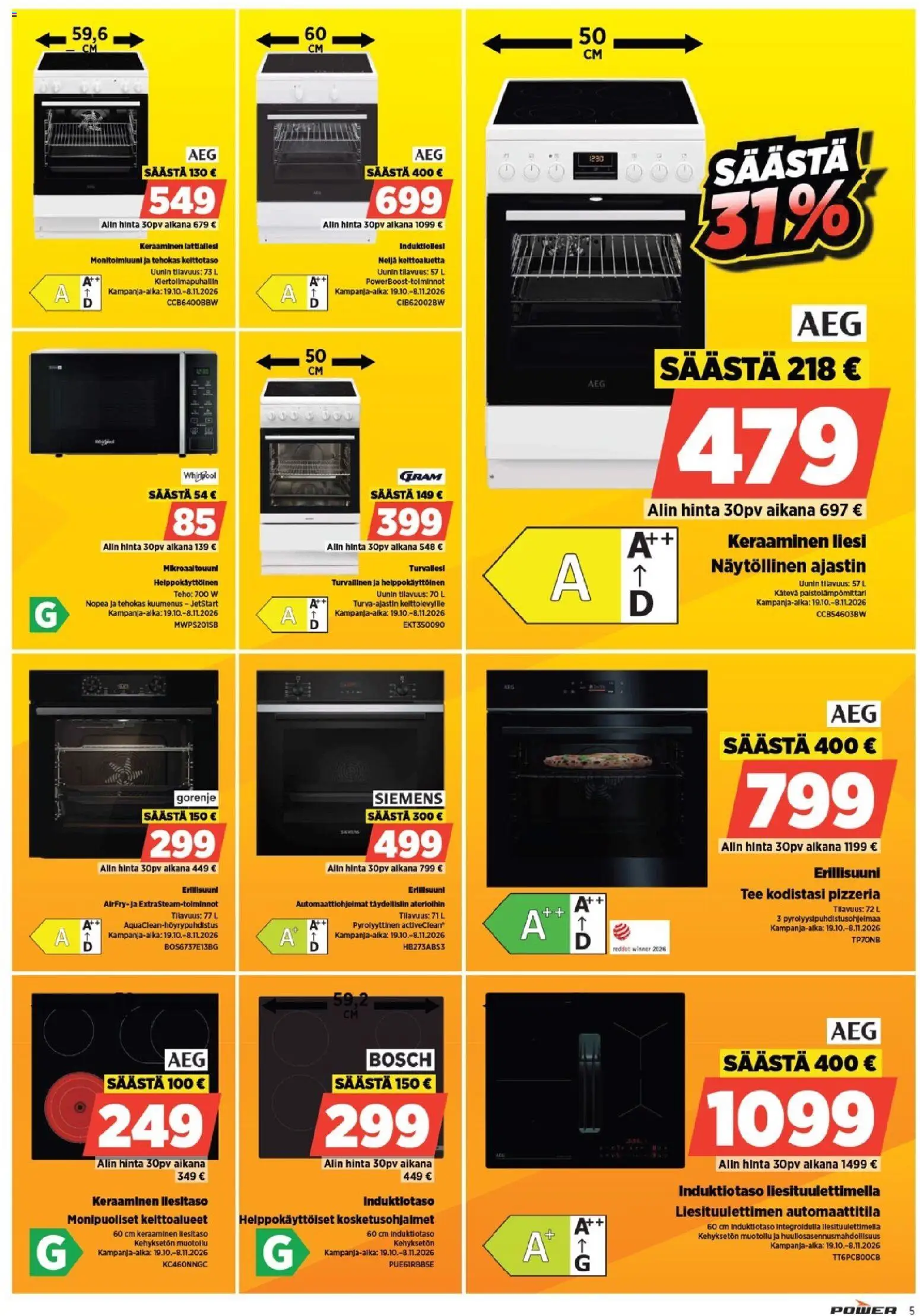 Power tarjoukset – voimassa 19/10/2026 alkaen | Sivu: 5 | Tuotteet: Induktiotaso, Liesi, Erillisuuni, Tee