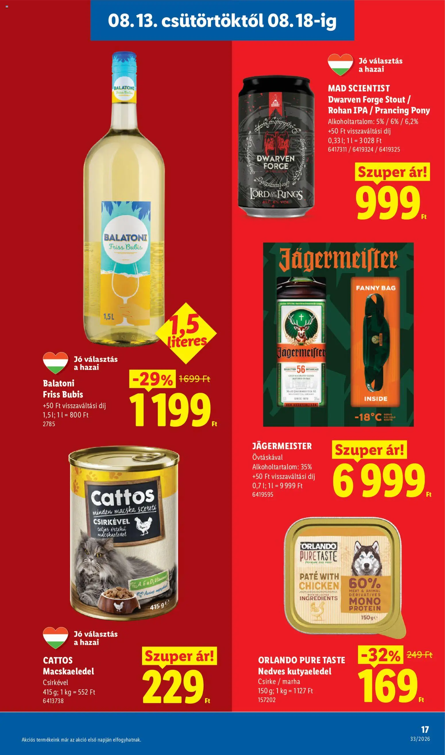 Lidl akciós ujság - amely érvényes a következő dátumtól: 2026.08.13. | Oldal: 17 | Termékek: Jägermeister, Csirke, Kutyaeledel, Protein