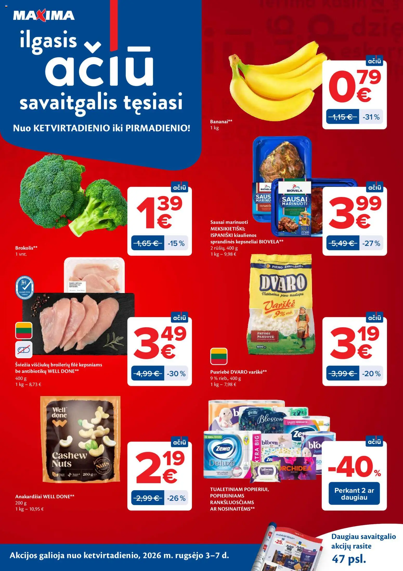 MAXIMA akcijos nuo 2026.09.01 | Puslapis: 48 | Prekių: Brokolis, Kiaulienos, Varškė, Bananai