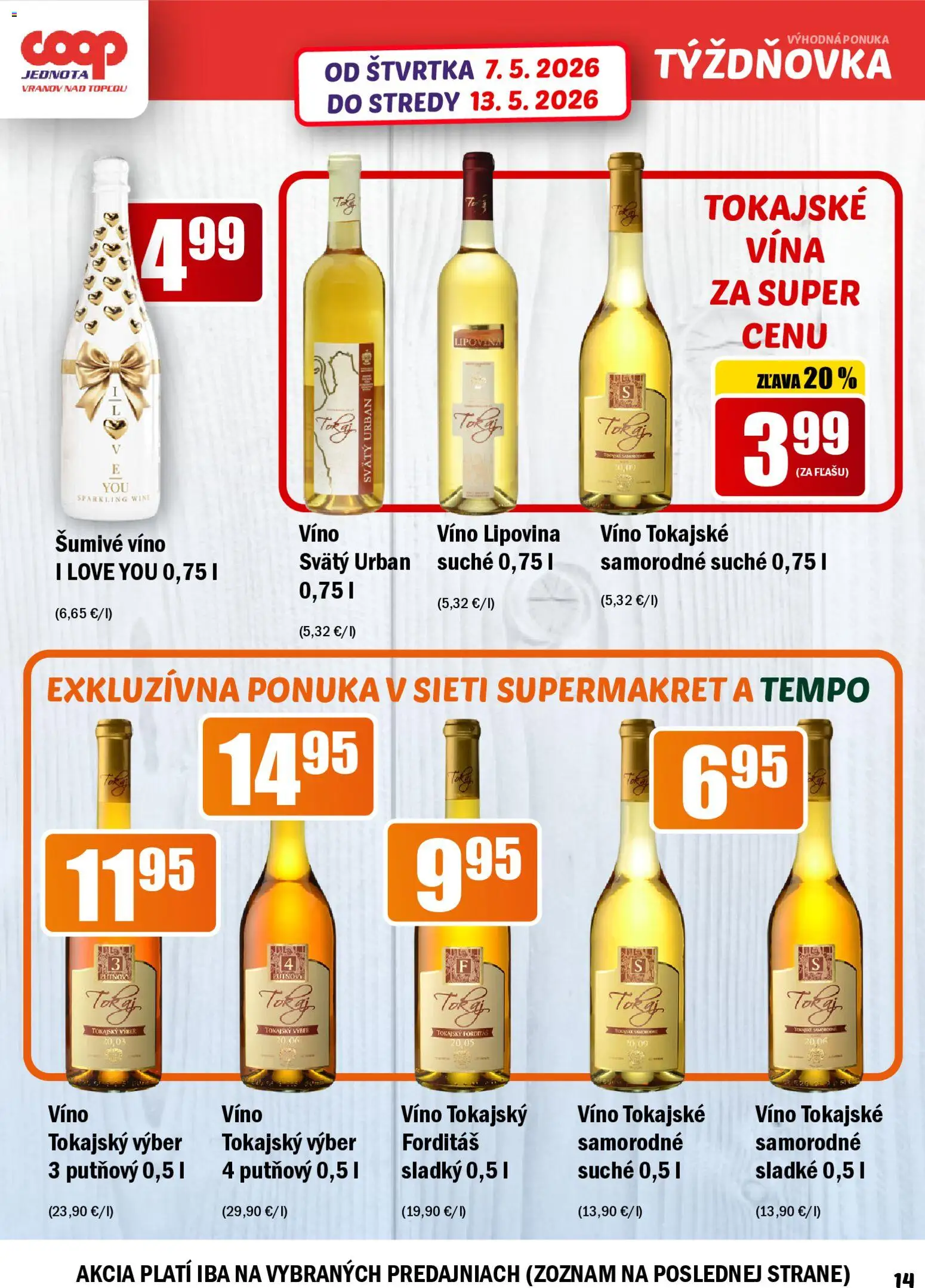 Nové COOP Jednota akcie – leták je platný od 07.05.2026 | Strana: 14 | Produkty: Víno, Šumivé víno