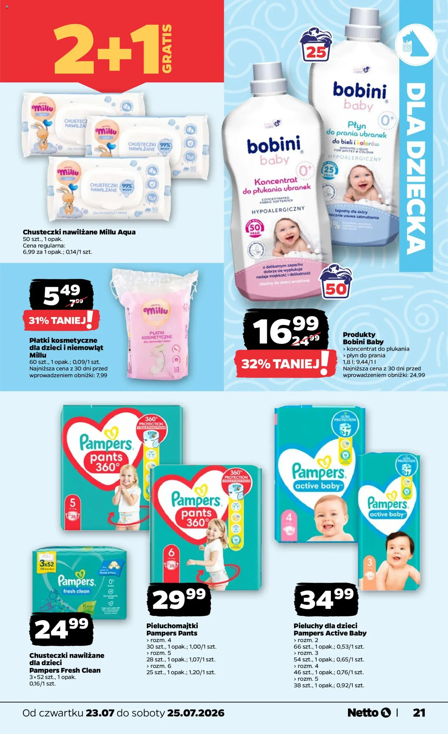 Netto gazetka od czwartku od 23.07.2026 | Strona: 21 | Produkty: Pampers, Pieluchomajtki, Płatki kosmetyczne, Płatki
