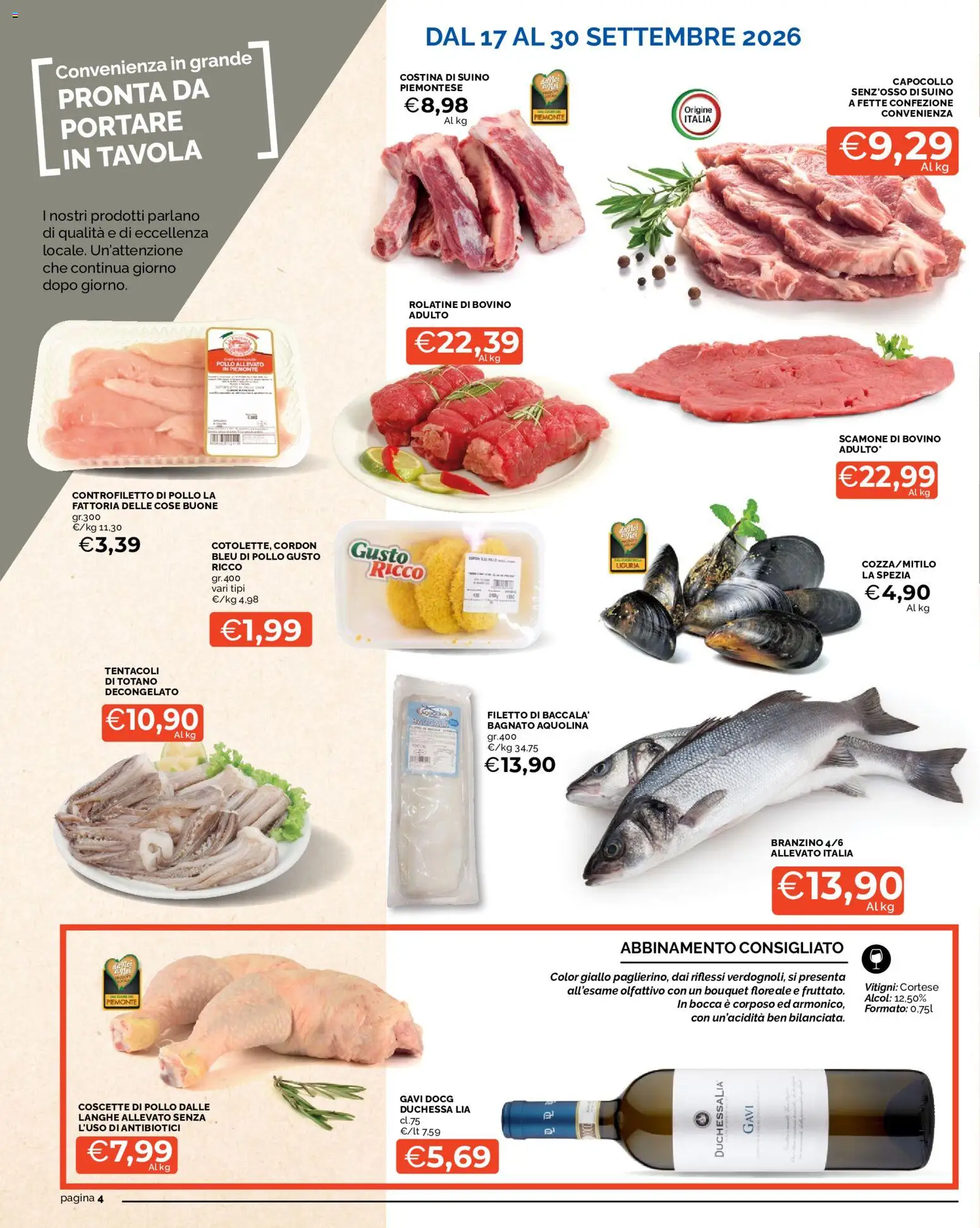 Volantino Mercatò del 17/09/2026 | Pagina: 4 | Prodotti: Bovino, Alcol, Pollo, Filetto