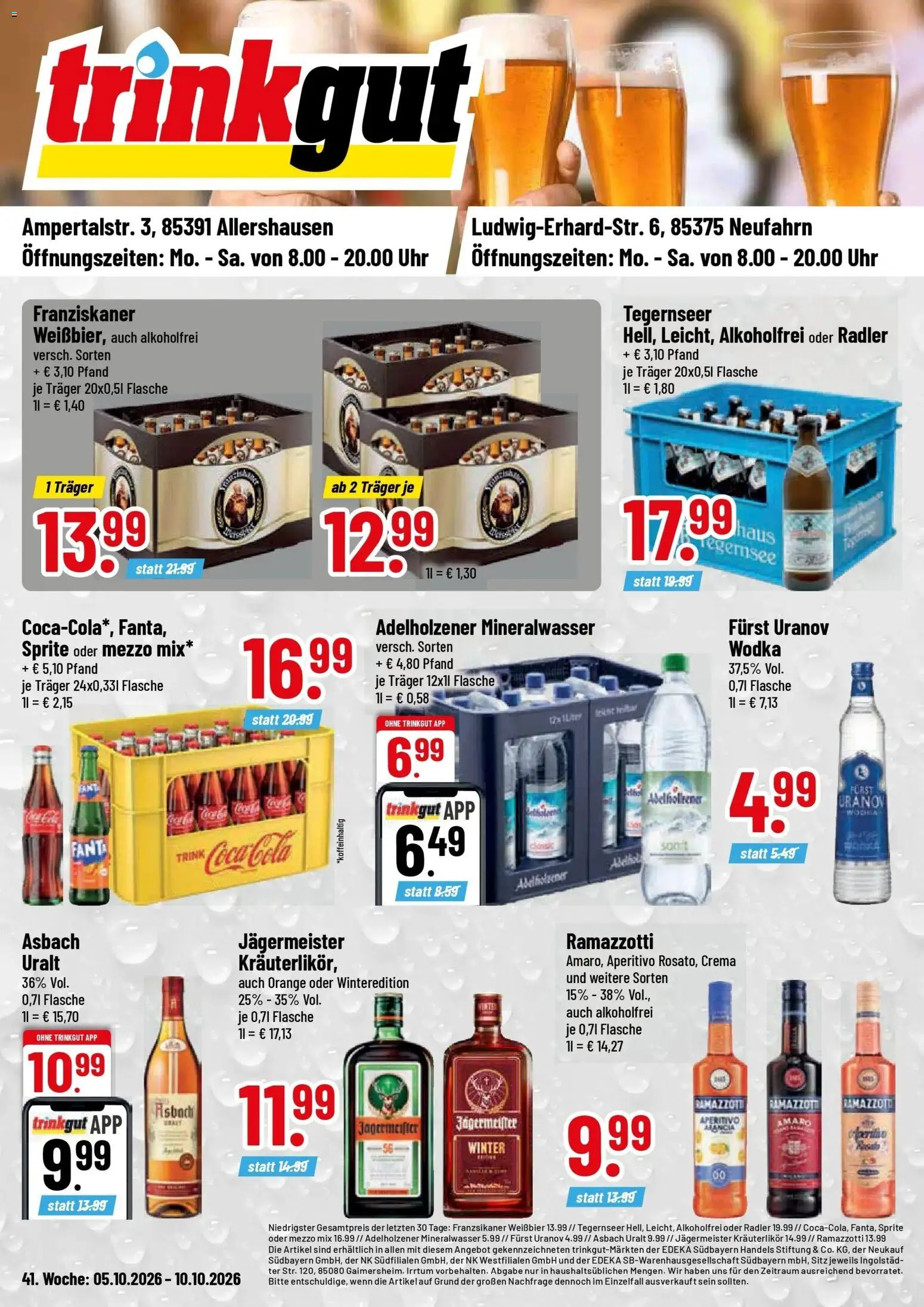 Trinkgut - trinkgut: Wochenangebote (ab 05.10.2026) » Angebote online | Seite: 1 | Produkte: Franziskaner, Sprite, Mineralwasser, Jägermeister
