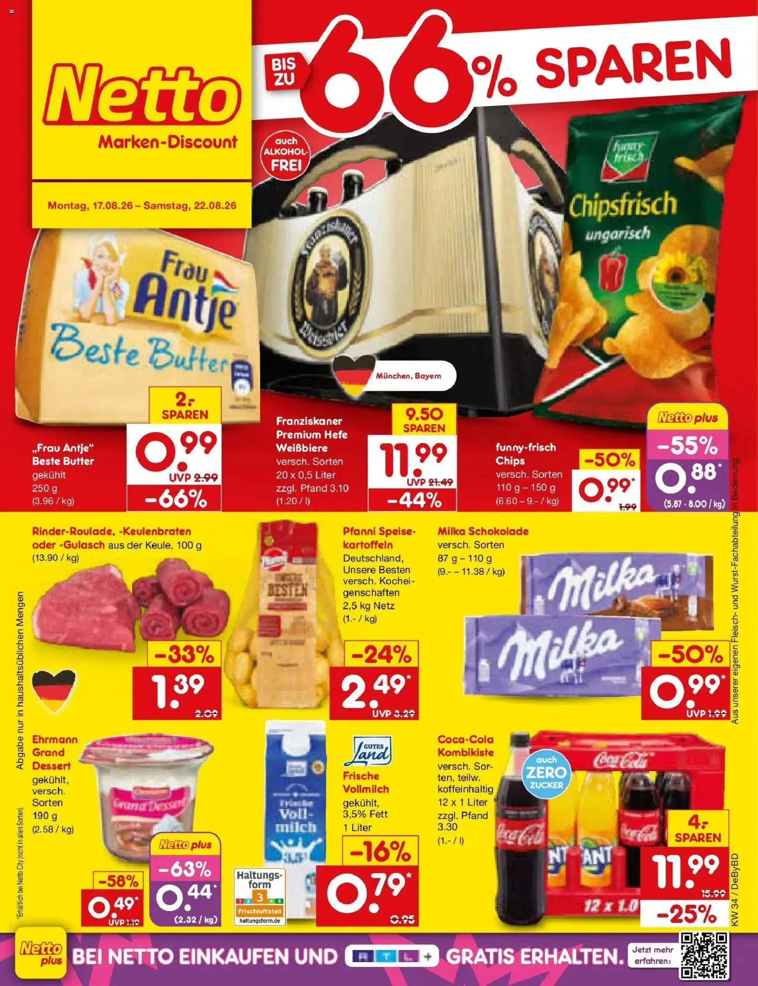 Netto Marken-Discount Prospekt Buttenwiesen – gültig ab 17.08.2026 | Seite: 1 | Produkte: Butter, Kartoffeln, Alkohol, Fleisch