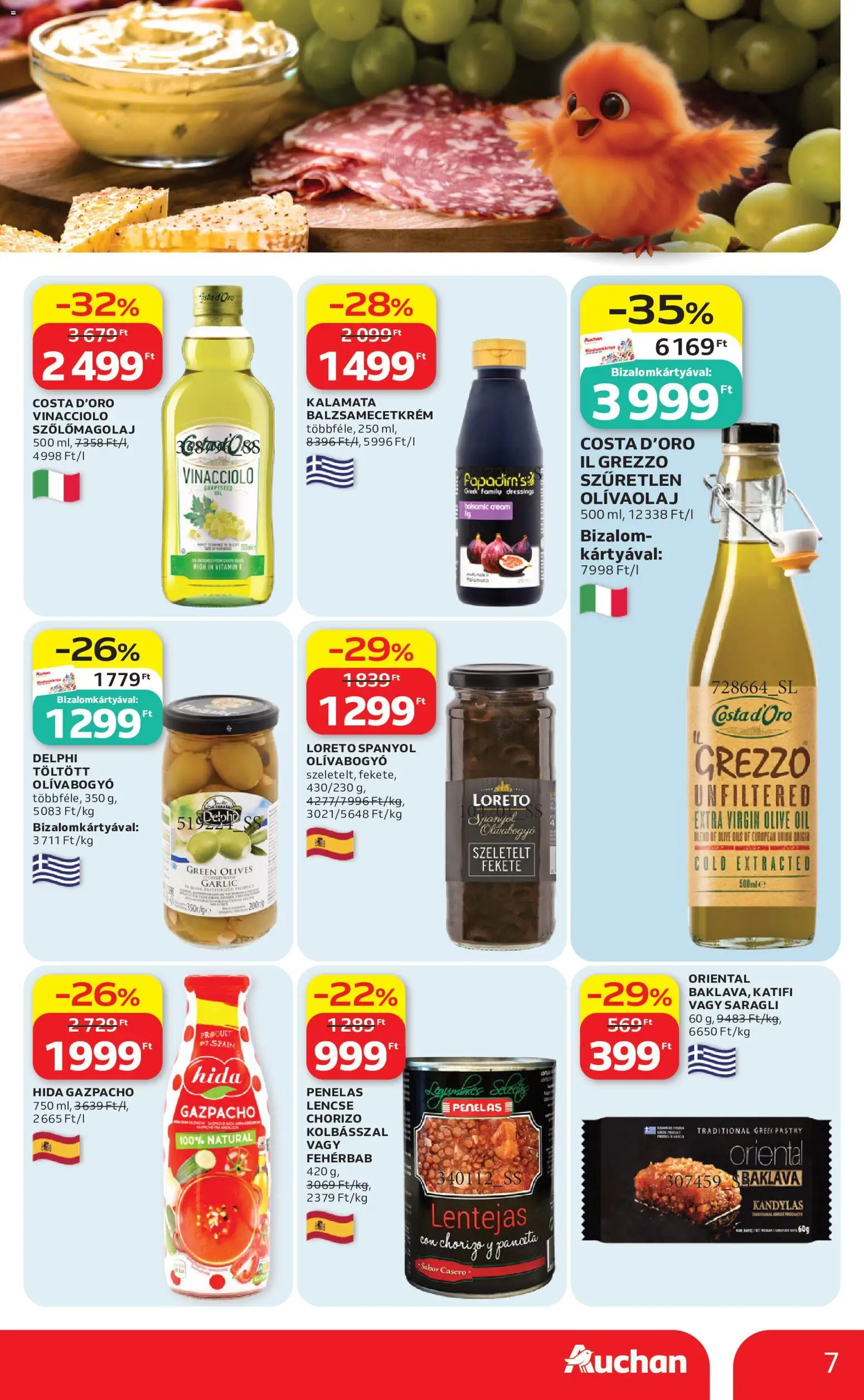 Auchan akciós ujság - amely érvényes a következő dátumtól: 07.05.2026 | Oldal: 7 | Termékek: Szőlőmagolaj, Chorizo, Olívaolaj, Olívabogyó