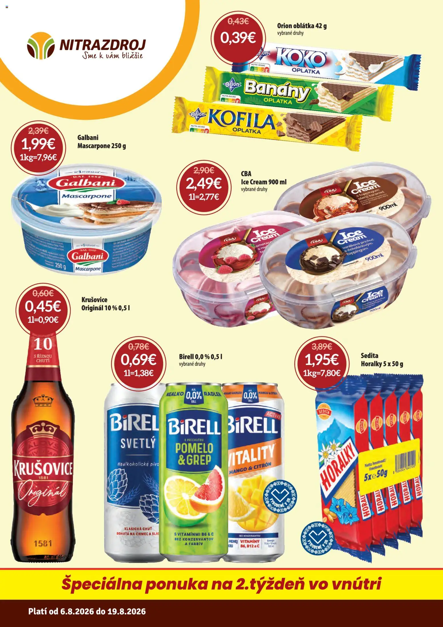 Nové Nitrazdroj akcie – leták je platný od 06.08.2026 | Strana: 1 | Produkty: Pivo, Birell, Pomelo, Grep