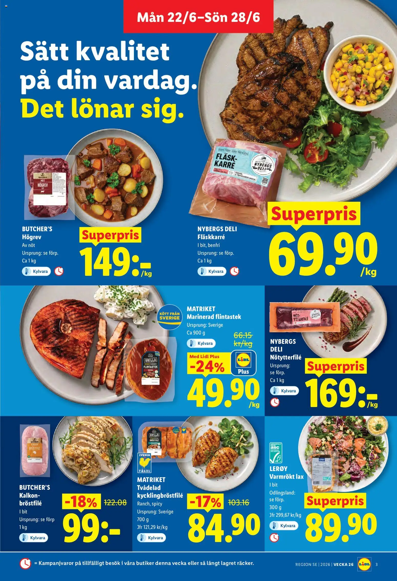 Lidl reklamblad aktuell från 22.06.2026 | Sida: 3 | Produkter: Lax, Fläsk, Kalkon
