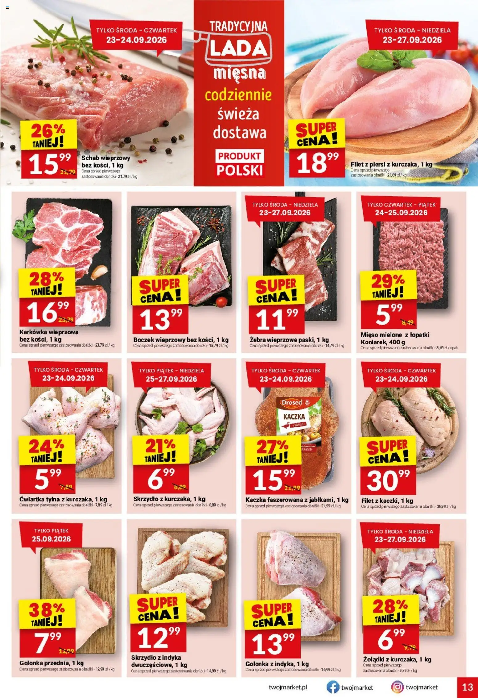 Twój Market gazetka od 23.09.2026 | Strona: 13 | Produkty: Golonka, Piersi, Kaczka, Kaczka faszerowana