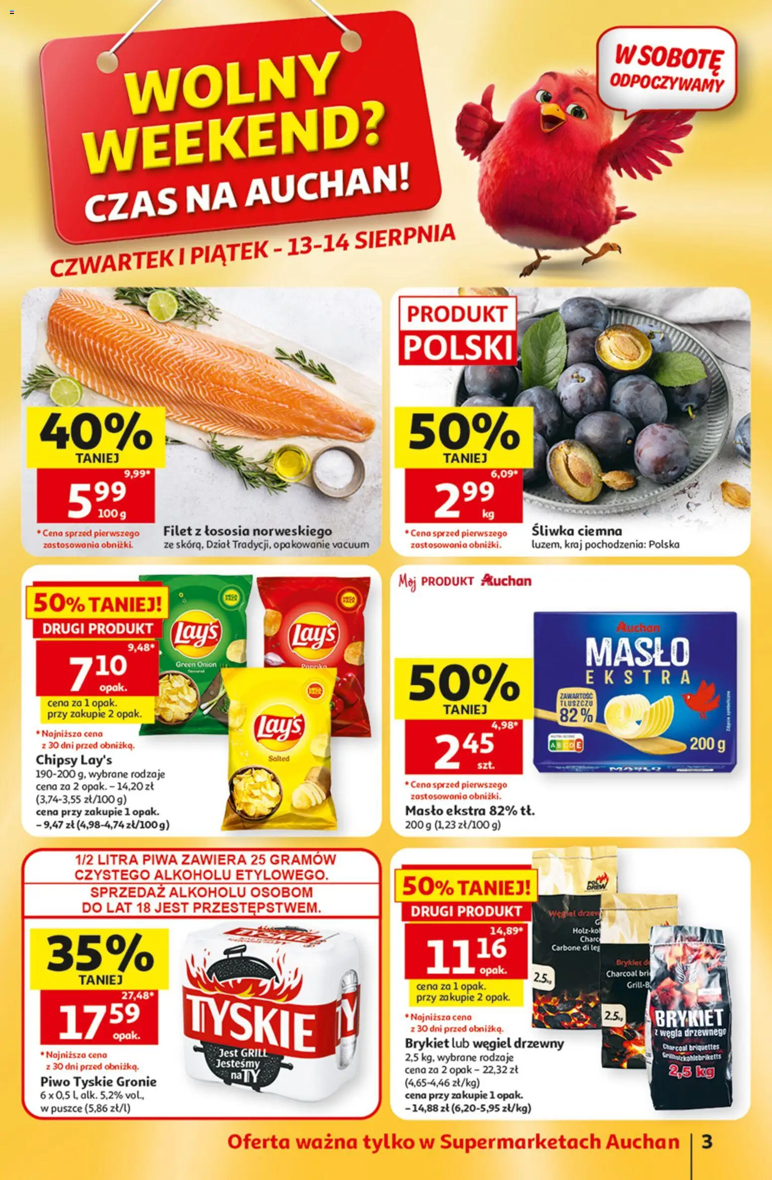 Auchan gazetka - 30 Lat Hipermarket od 13.08.2026 | Strona: 3 | Produkty: Piwo tyskie, Węgiel drzewny, Grill, Masło