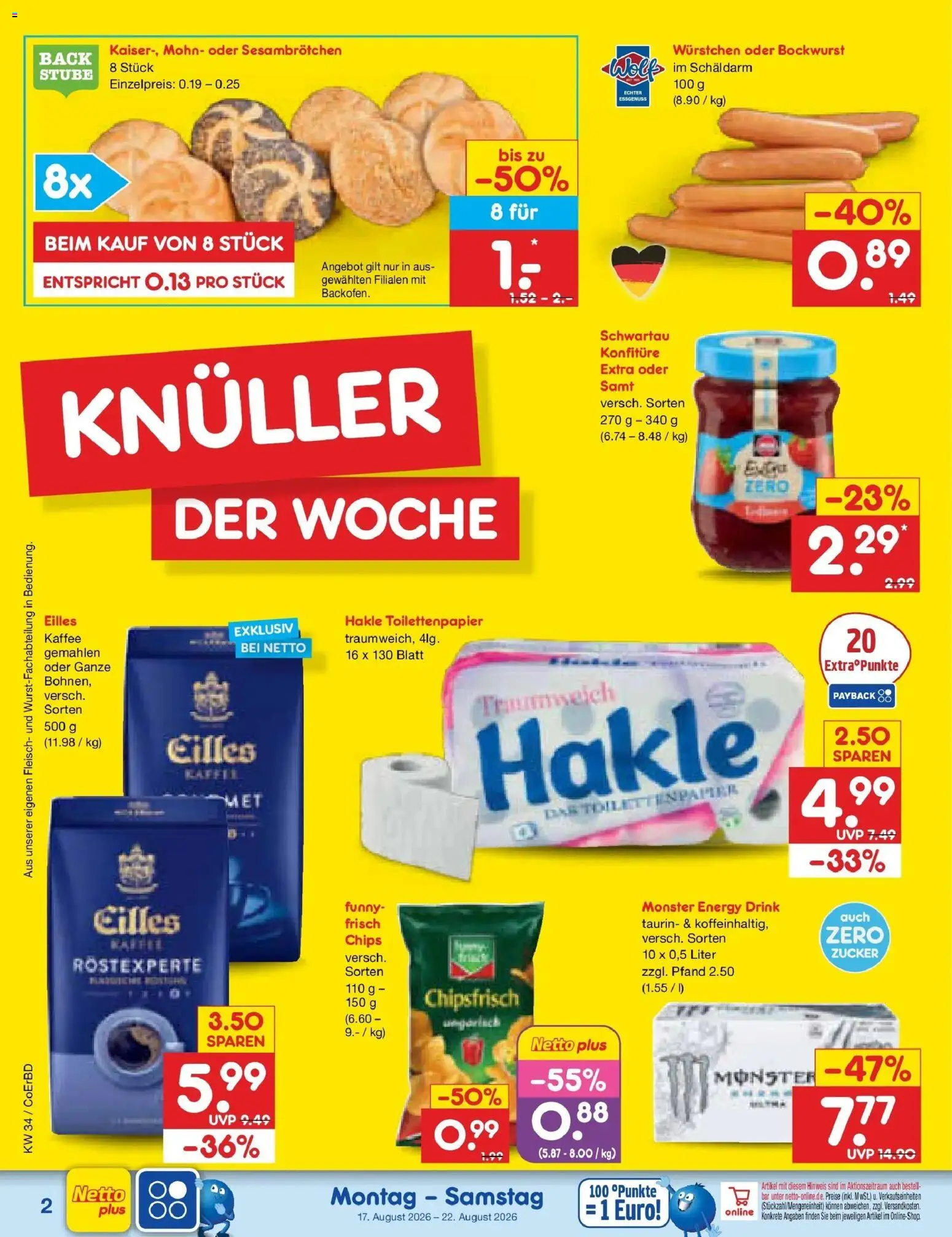 Netto Marken-Discount Prospekt Weimar – gültig ab 17.08.2026 | Seite: 2 | Produkte: Bockwurst, Monster, Zucker, Chips