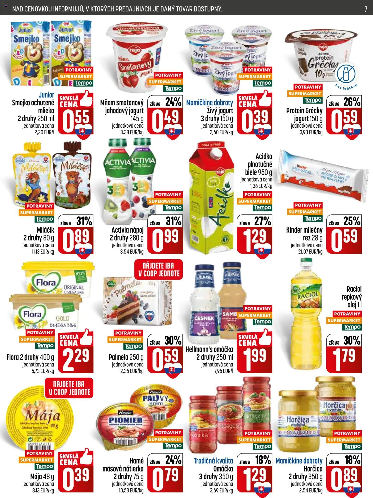 Nové COOP Jednota akcie – leták je platný od 21.05.2026 | Strana: 7 | Produkty: Mlieko, Repkový olej, Krém, Omáčka
