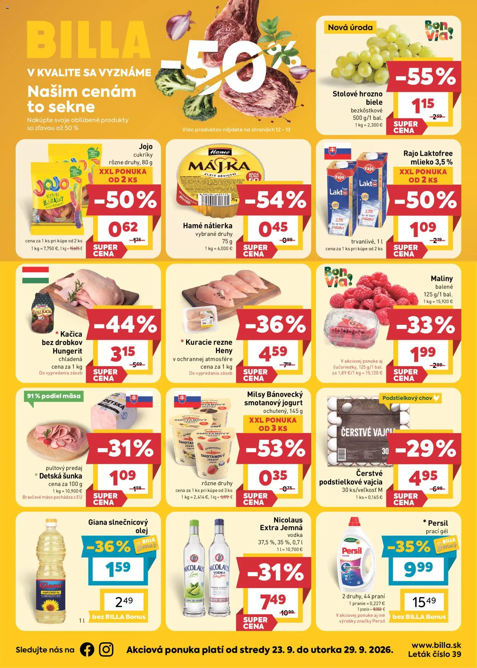 Nové Billa akcie – leták je platný od 23.09.2026 | Strana: 1 | Produkty: Olej, Kačica, Mäso, Bravčové mäso