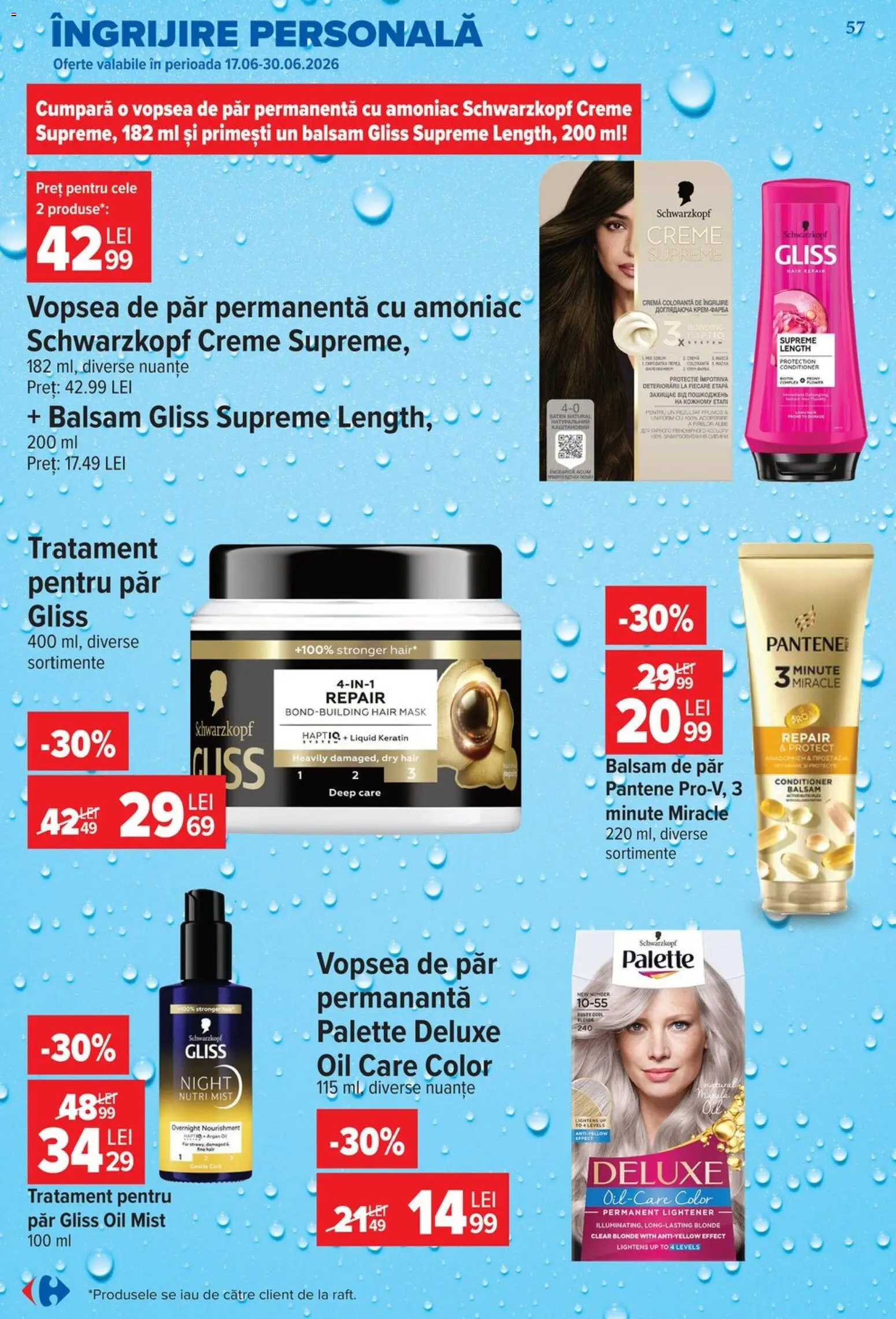 Noul catalog Carrefour – valabil de la 24.06.2026 | Pagină: 57 | Produse: Tratament pentru păr, Vopsea, Balsam de păr, Cremă