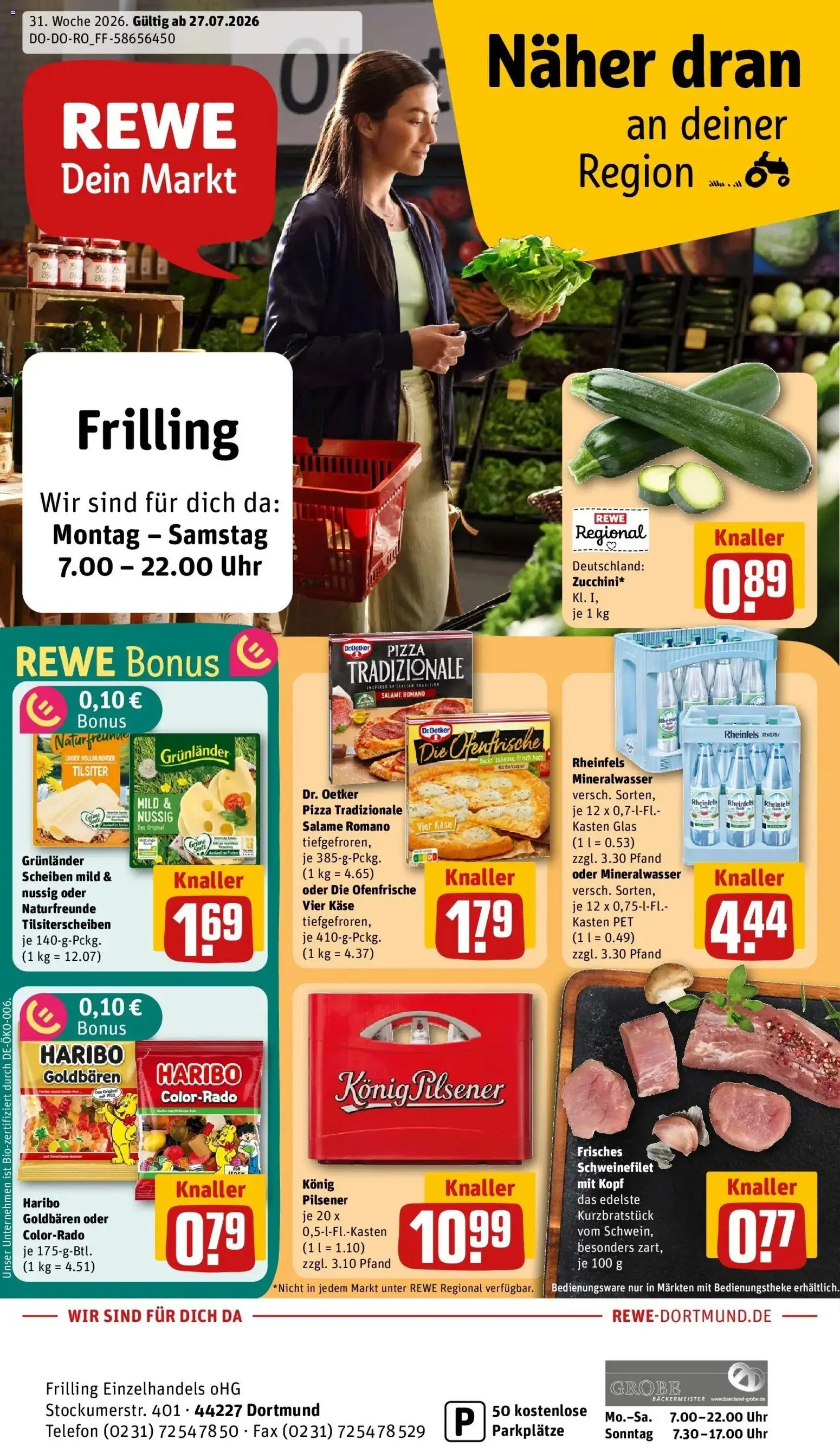 Rewe Prospekt Dortmund – gültig ab 27.07.2026 | Seite: 1 | Produkte: Haribo, Schweinefilet, Grunlander, Pizza