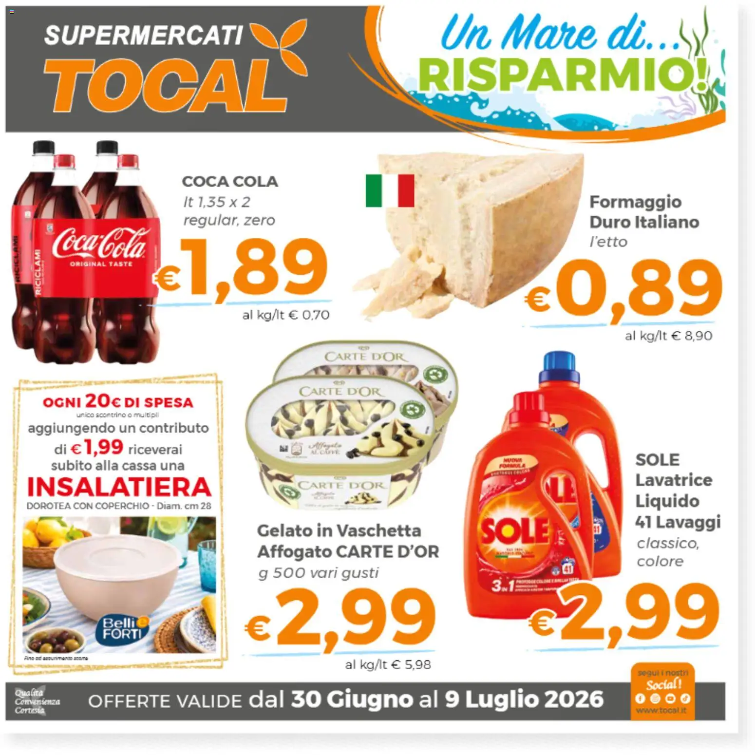 Volantino Tocal del 30/06/2026 | Pagina: 1 | Prodotti: Gelato, Formaggio, Lavatrice, Coca Cola