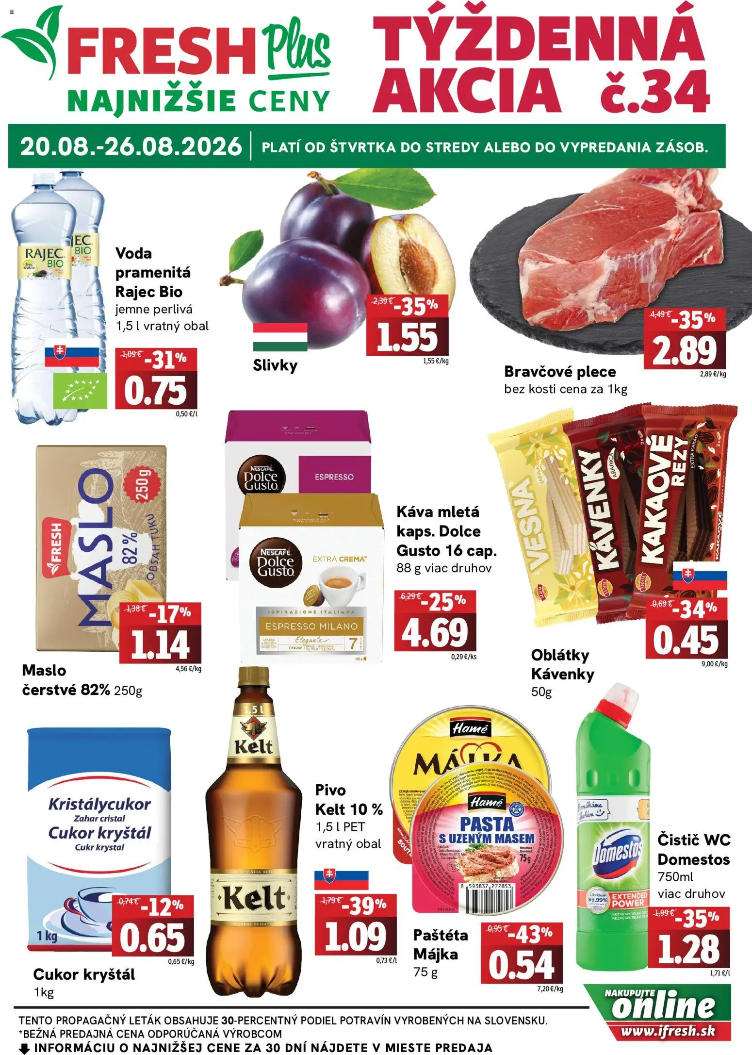 Nové Fresh akcie – leták je platný od 20.08.2026 | Strana: 1 | Produkty: Dolce Gusto, Káva, Wc, Bravčové plece