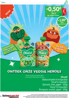 Olvarit Veggie Heroes Pompoen, Wortel, Appel, Babycompote in knijpzakje, 40% veggies, vanaf 12 maanden, bron van vezels & vitamine C - Voorbeeld van een folder van Intermarché, geldig van 01/10/2026 | Pagina: 18 | Producten: Groenten, Vitamine C, Appel, Kaart