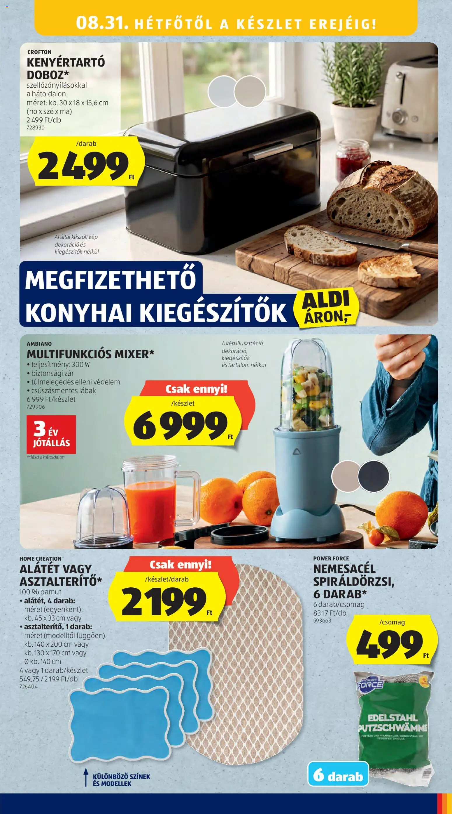 Aldi akciós ujság - amely érvényes a következő dátumtól: 2026.08.27. | Oldal: 45 | Termékek: Konyhai kiegészítők, Mixer, Kenyértartó, Dekoráció