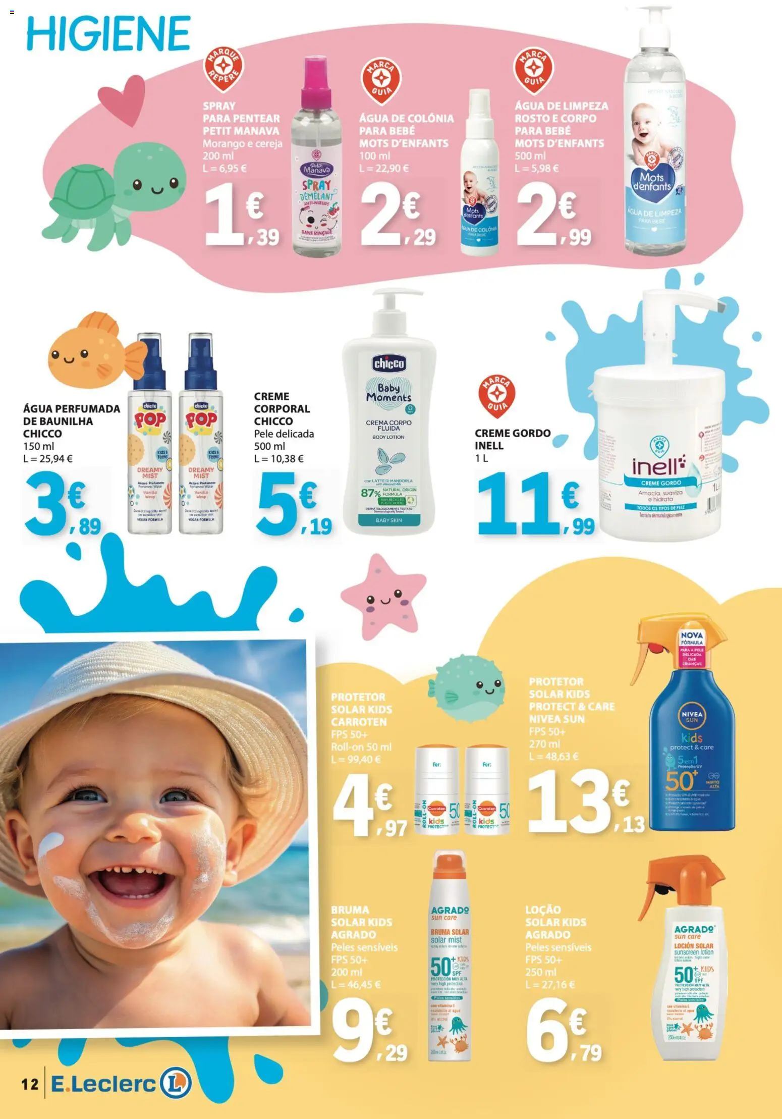 E.Leclerc Folheto Bebé Verão │ válido de 26.05.2026 | Página: 12 | Produtos: Agua, Protetor solar, Cereja, Creme