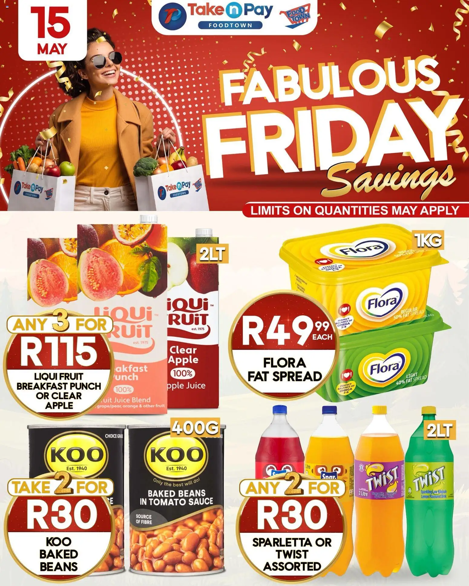 New Take n Pay catalogue – valid from 15.05.2026 | Page: 1 | Products: Baked beans, Juice, Tomato sauce, Lemon
