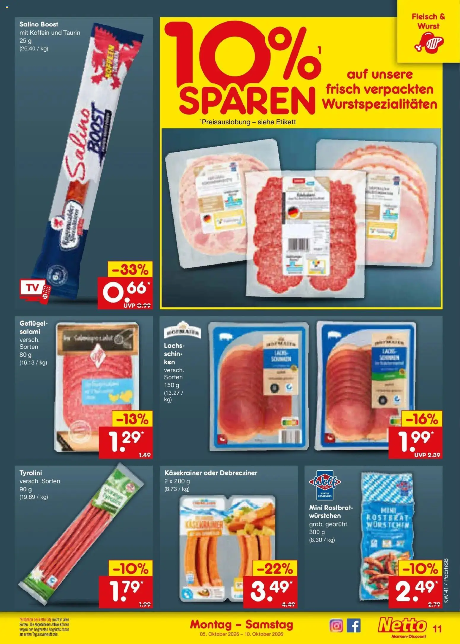 Netto Marken-Discount Prospekt Amberg (ab 05.10.2026) » Angebote | Seite: 11 | Produkte: Käsekrainer, Lachs, Salami, Fleisch