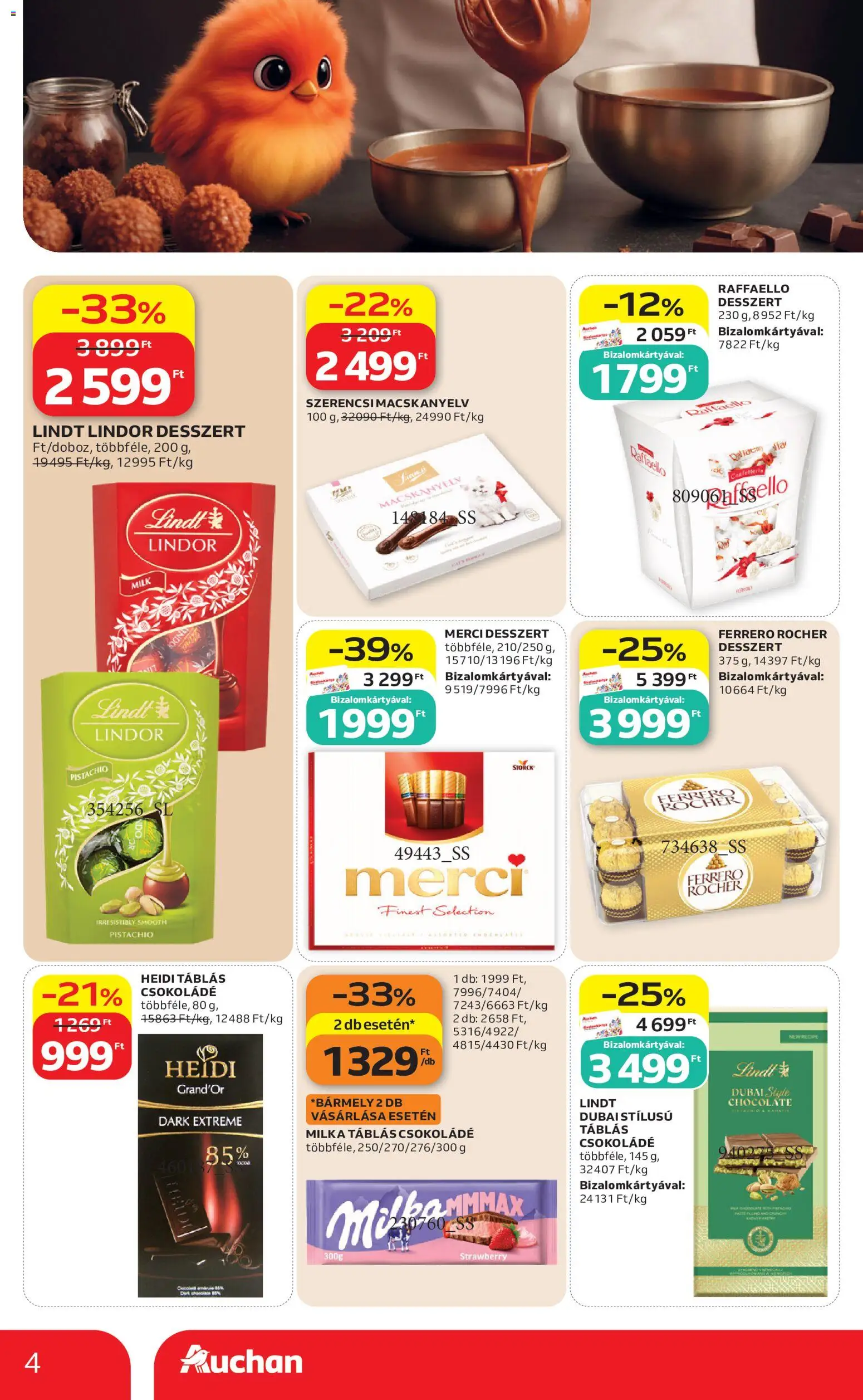 Auchan akciós ujság - amely érvényes a következő dátumtól: 2026.10.08. | Oldal: 4 | Termékek: Merci, Milka, Lindor, Ferrero rocher