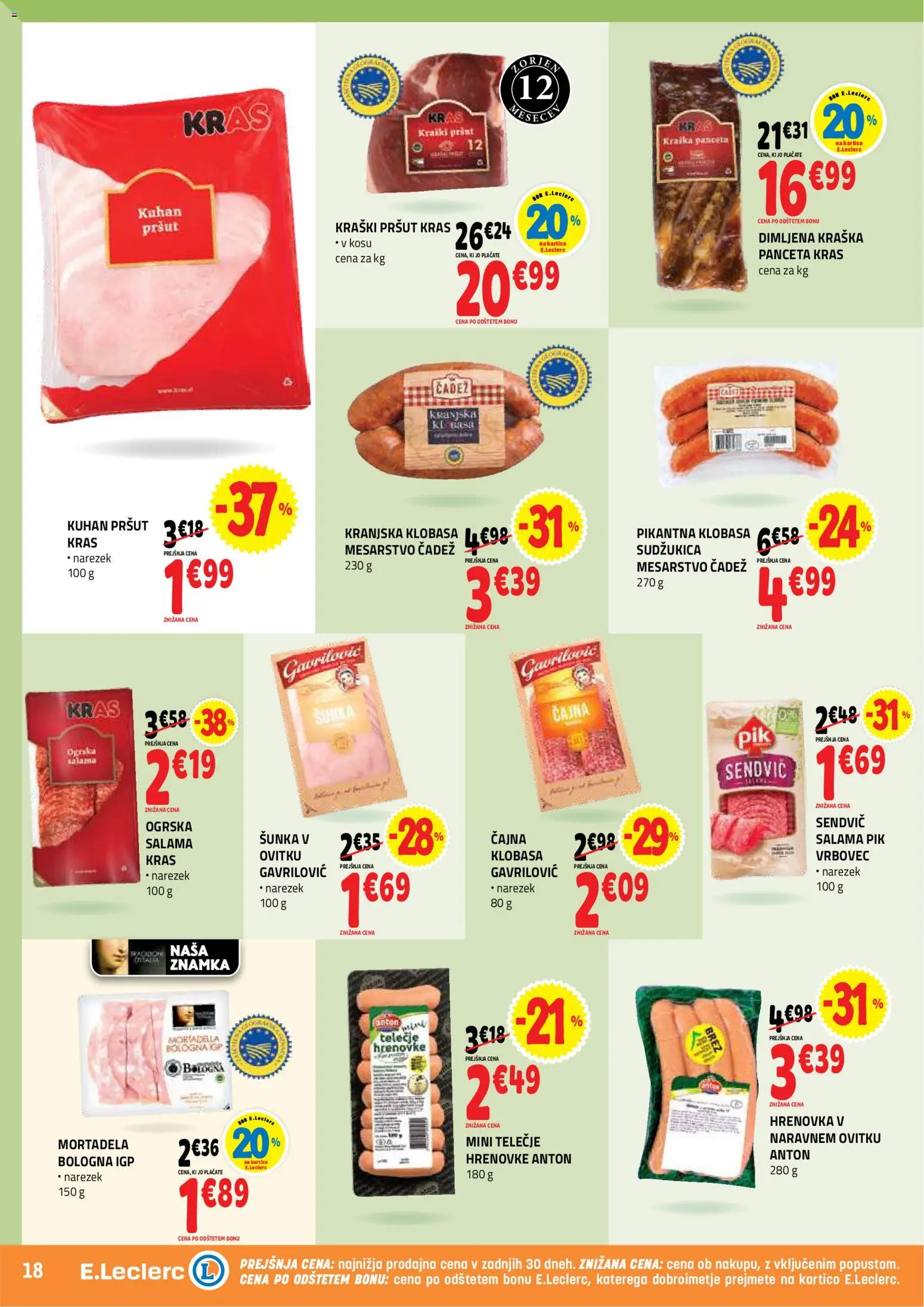 Novi E.leclerc katalog ponudbe – veljaven od 12.08.2026 | Stran: 18 | Izdelki: Pršut, Mortadela, Salama, Sunka