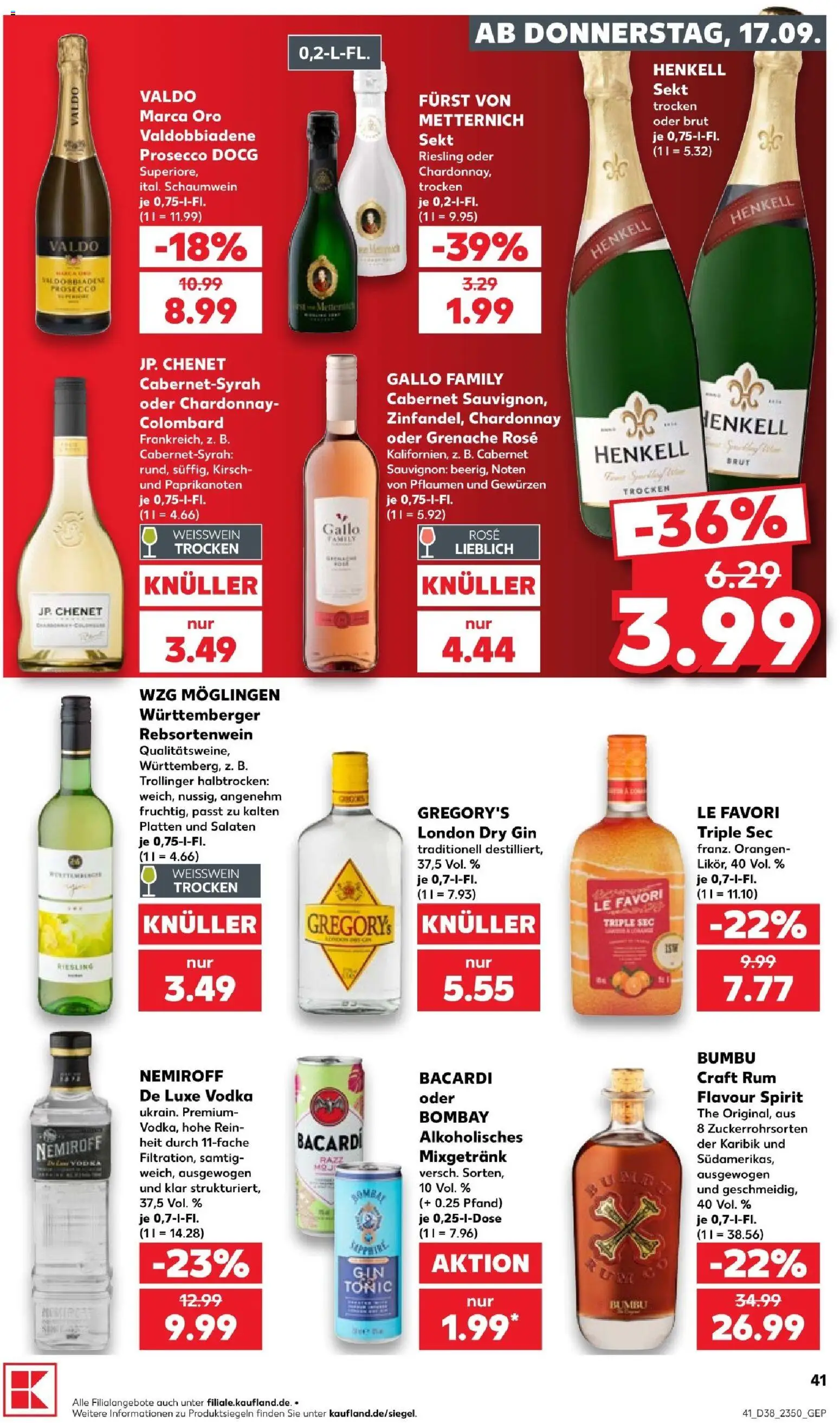 Kaufland Prospekt Völklingen – gültig ab 17.09.2026 | Seite: 41 | Produkte: Weißwein, Sekt, Prosecco, Gin