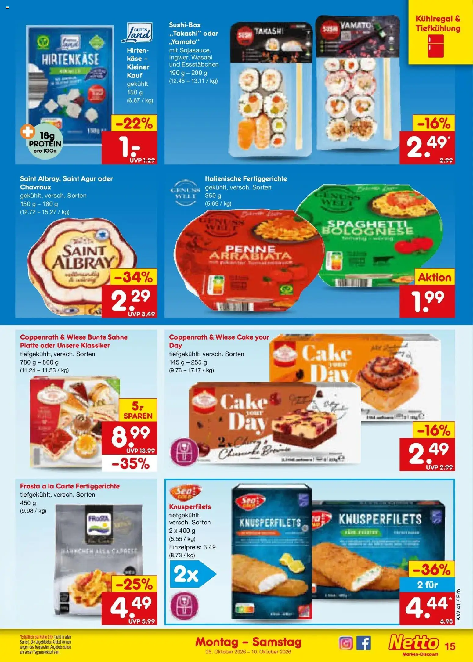 Netto Marken-Discount Prospekt München (ab 05.10.2026) » Angebote | Seite: 15 | Produkte: Käse, Frosta, Fertiggerichte, Sahne