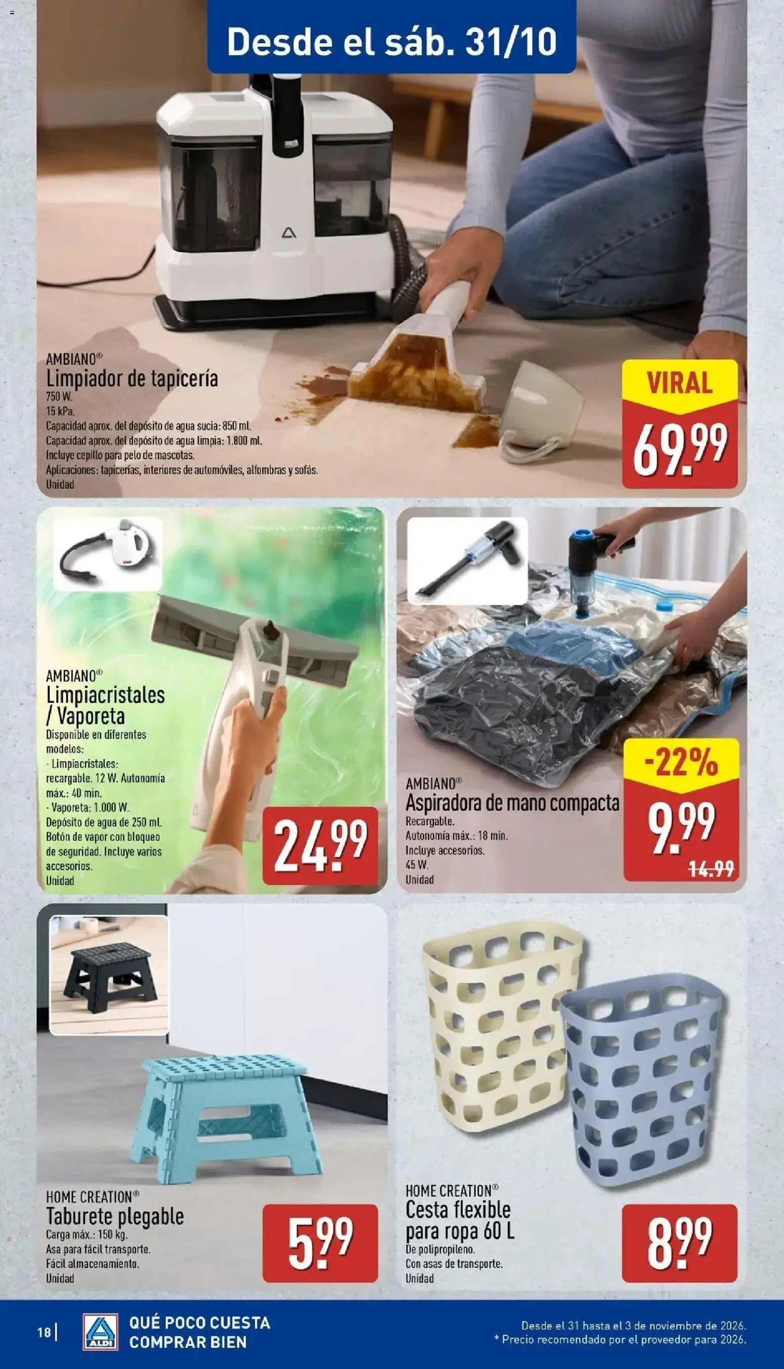 Aldi - Qué poco cuesta comprar bien │ válido desde el 26/10/2026 | Página: 18 | Productos: Cepillo, Aspiradora, Agua, Cesta